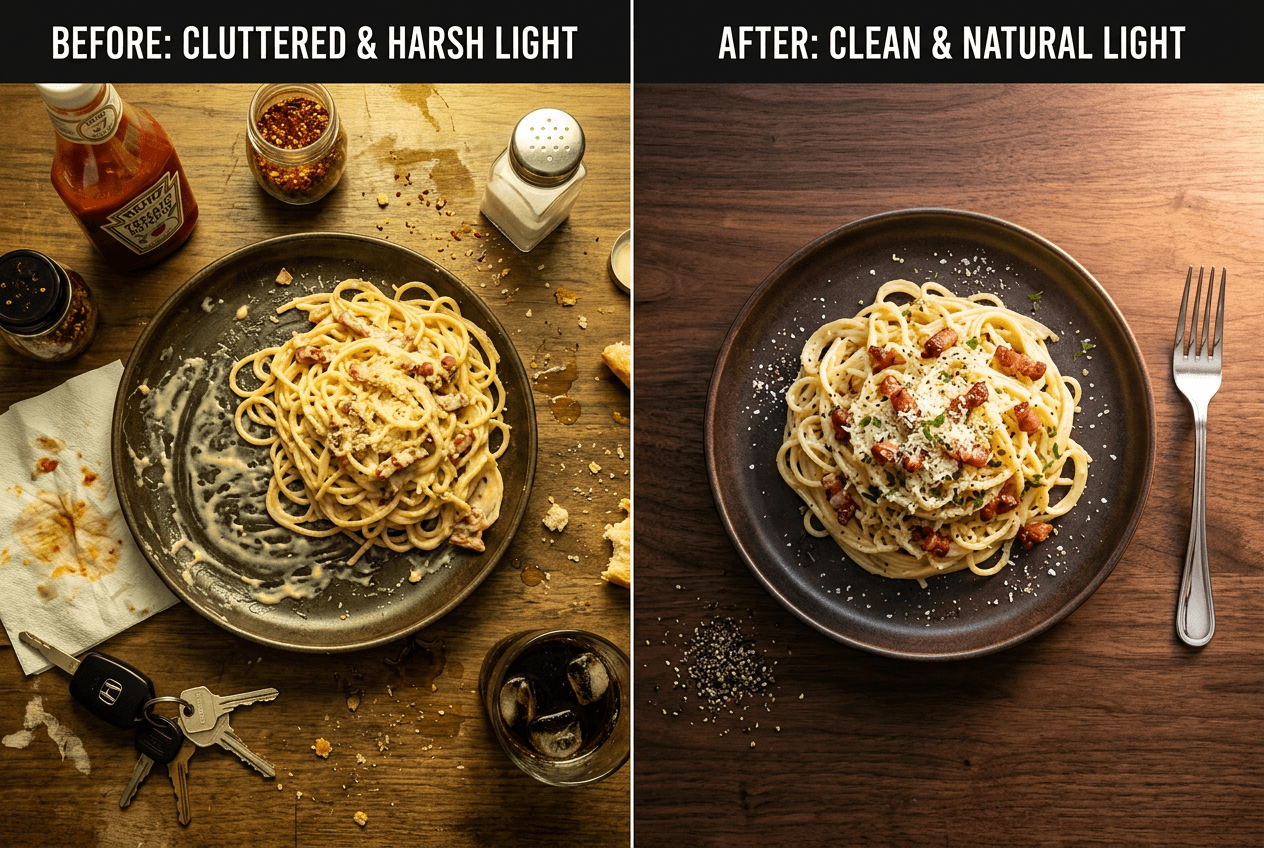 Before and after food photography showing cluttered background versus clean styled setup with simple props