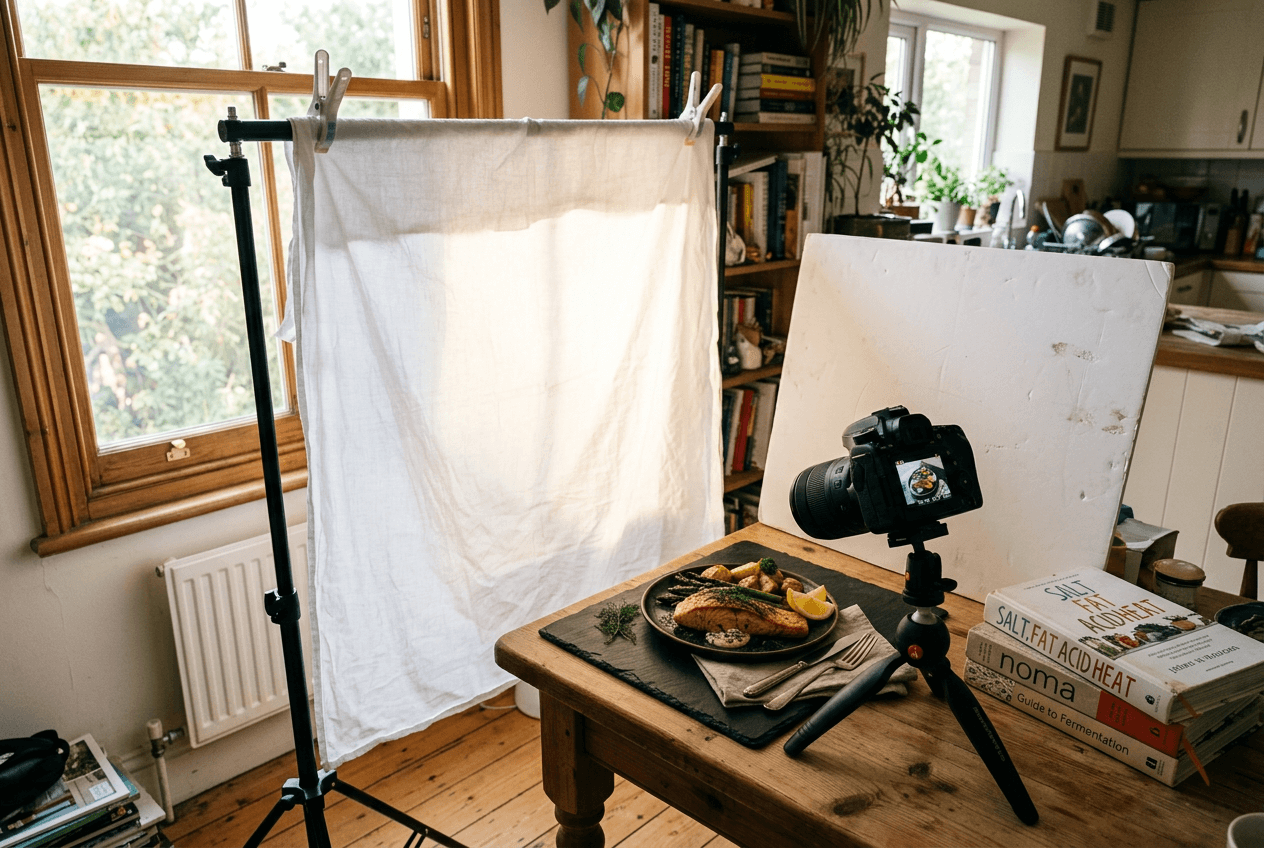 DIY food photography lighting setup with window diffusion sheet and foam board bounce reflector for professional results