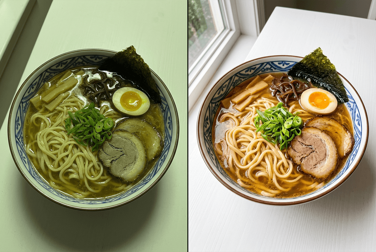 Side-by-side comparison of food under flash versus natural window light showing dramatic quality difference in food photos
