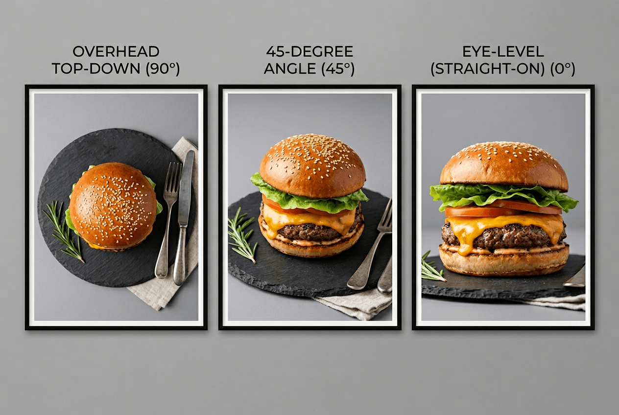 Three food photography angles compared: overhead, 45-degree, and straight-on views of the same gourmet burger