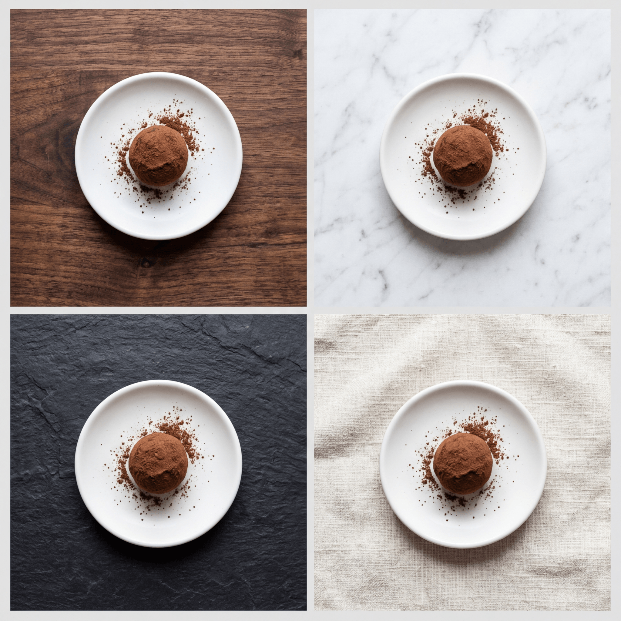 Four different food photography backgrounds compared: dark wood, white marble, slate, and linen each changing the mood of the same dish