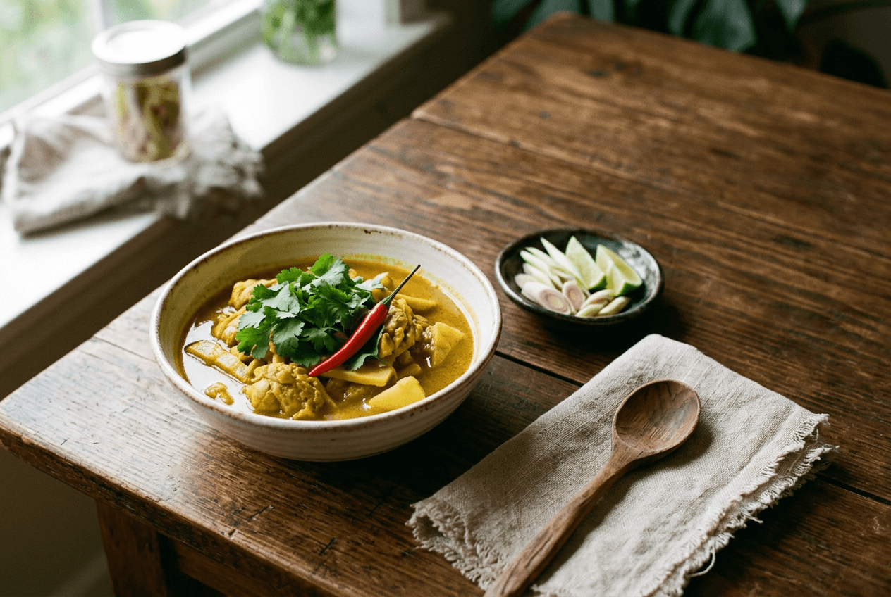 Intentional food styling with color-contrast garnish and odd-number prop arrangement for better food photography