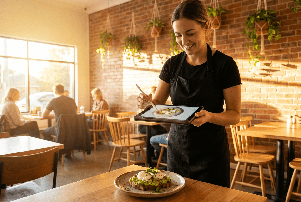 Restaurant owner taking food photos with a tablet near a window demonstrating that any device can capture good food photography