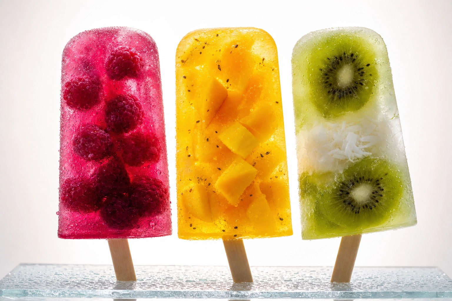 Three backlit fruit popsicles showing translucent berries mango and kiwi inclusions, backlighting technique