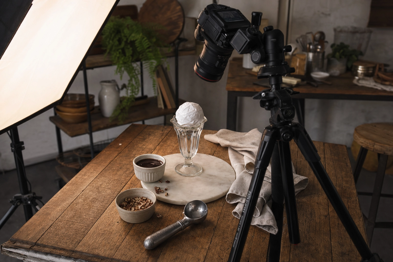 Behind-the-scenes food photography setup with paper towel stand-in in sundae glass before ice cream goes in