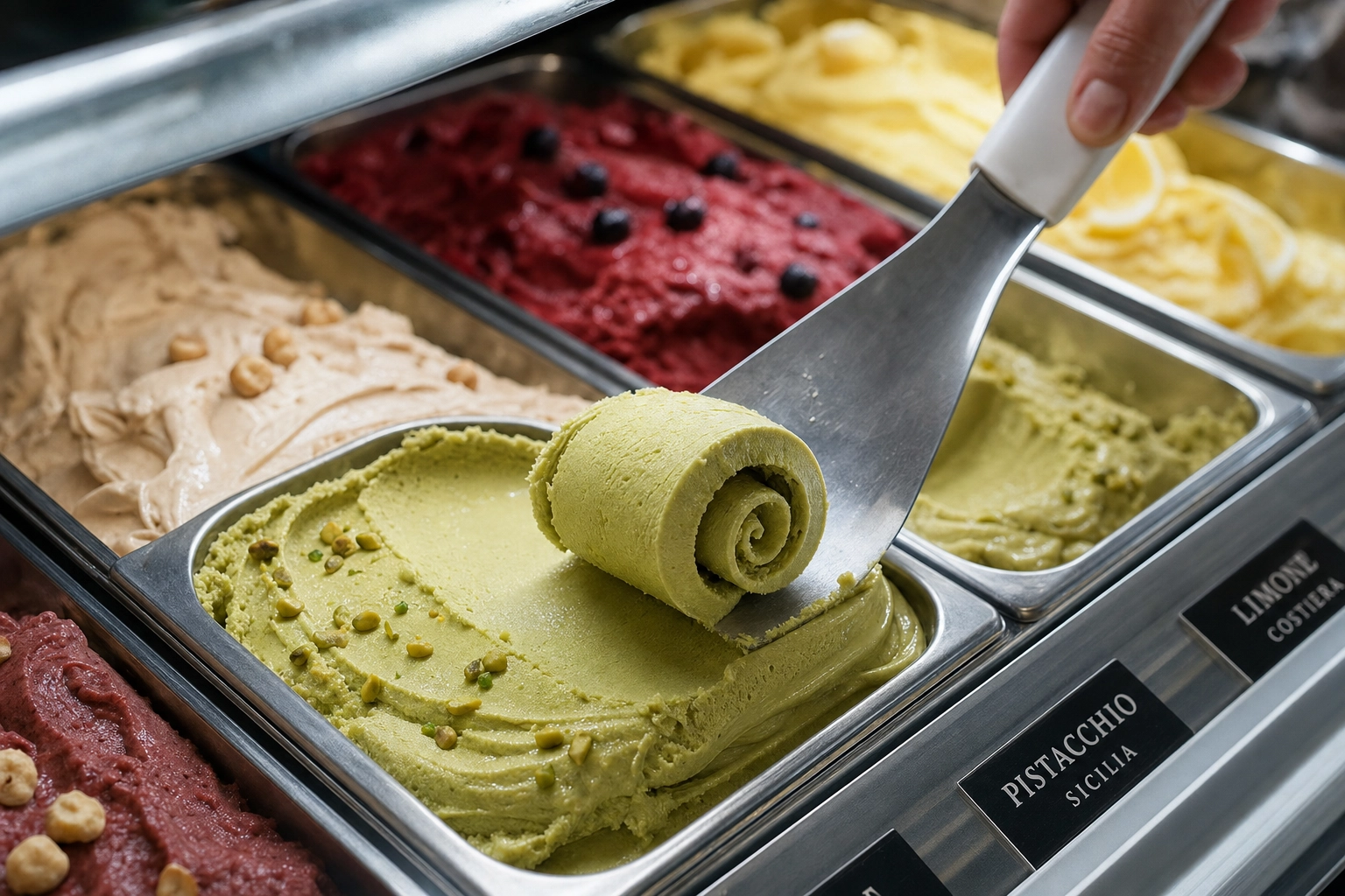 Pistachio gelato curl pulled by spatula from rectangular pan in Italian gelato display case, professional gelateria shot