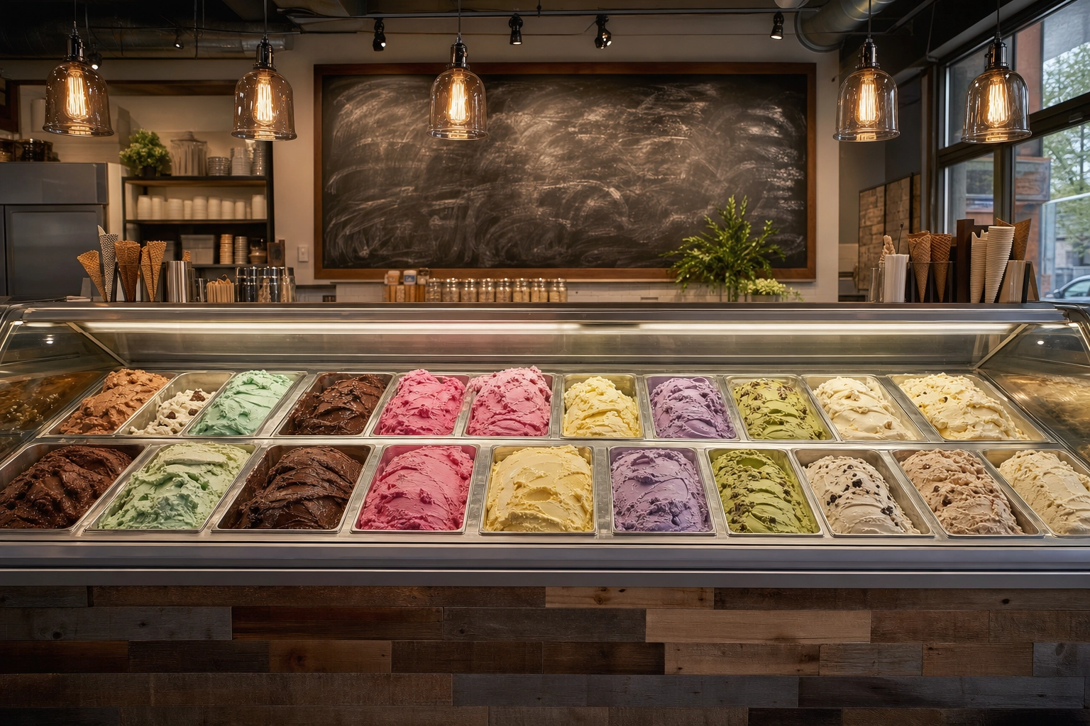 Wide view of independent ice cream parlor display case with multiple colorful flavors and warm pendant lighting