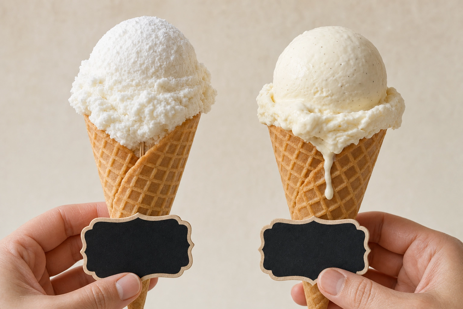 Side-by-side comparison of mashed potato fake scoop versus real ice cream on waffle cones, food styling trick reveal