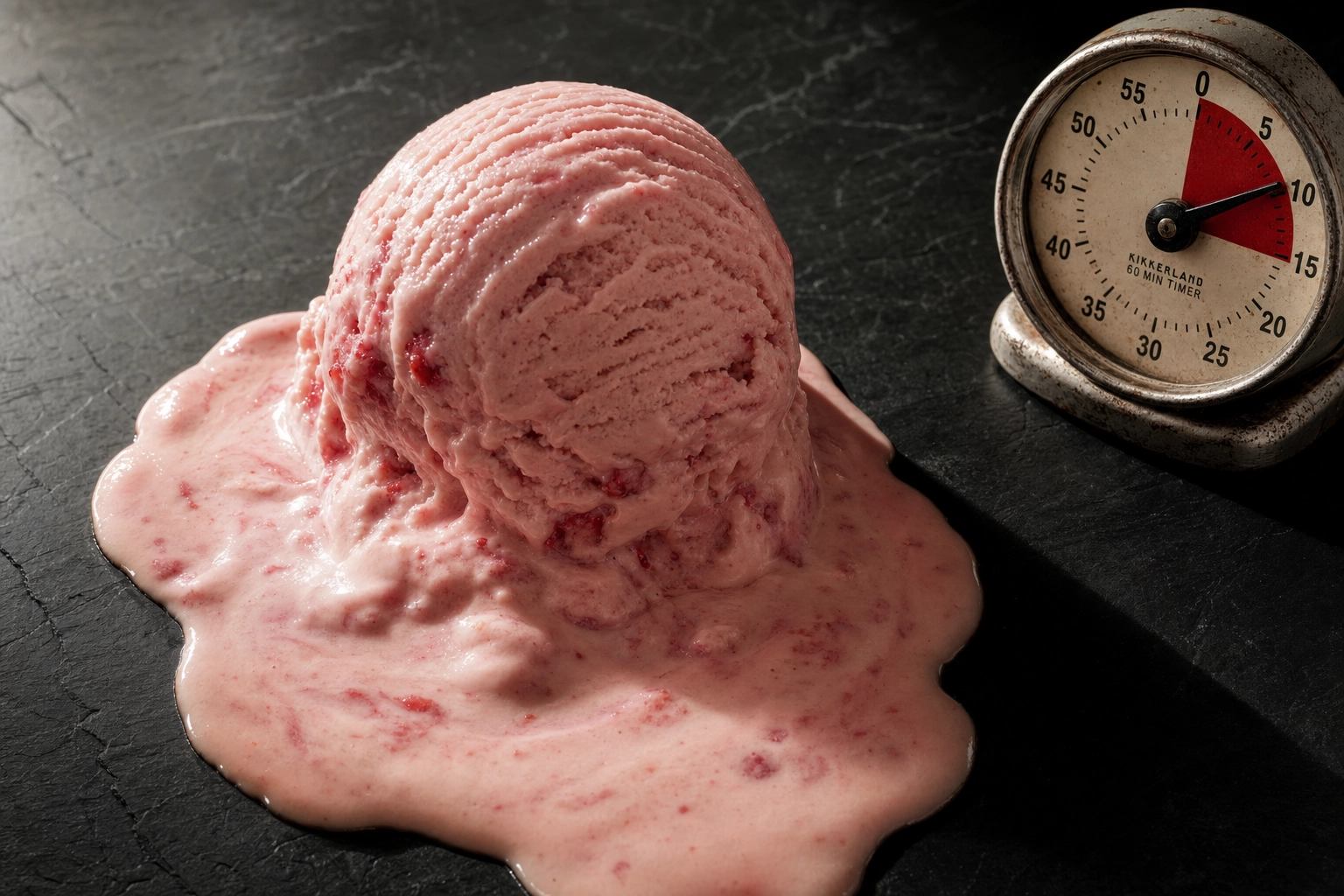 Melted strawberry ice cream scoop dissolving on dark slate with analog timer, the cost of missing the photography window