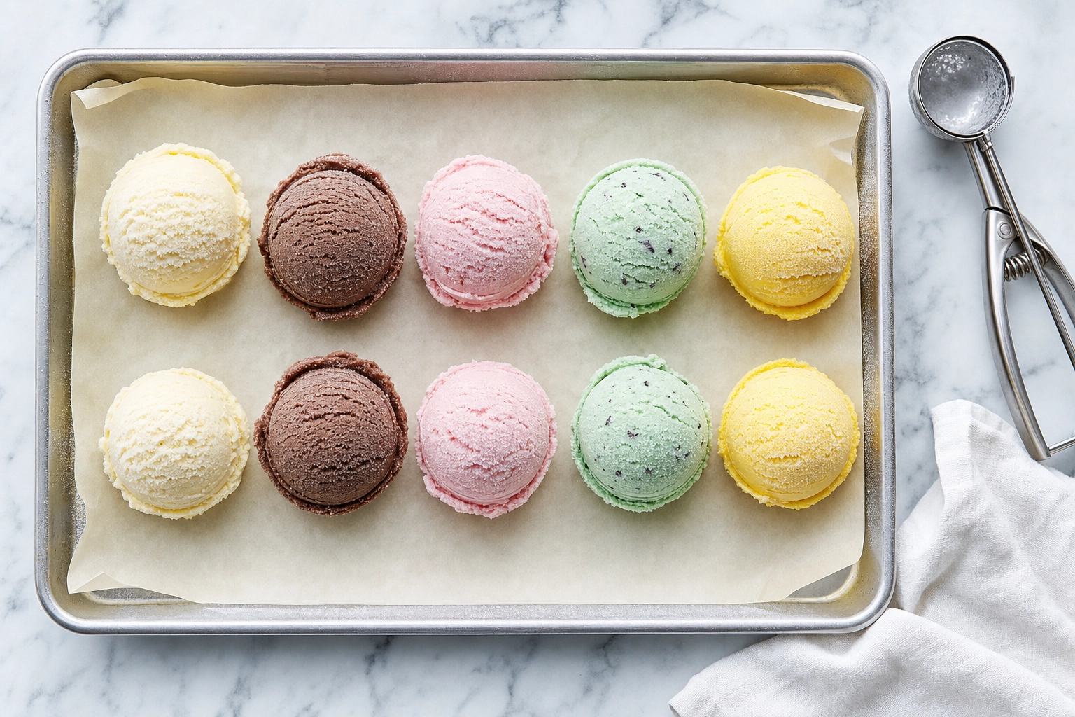 Overhead view of pre-scooped ice cream dollops in five flavors on parchment-lined sheet pan ready to refreeze