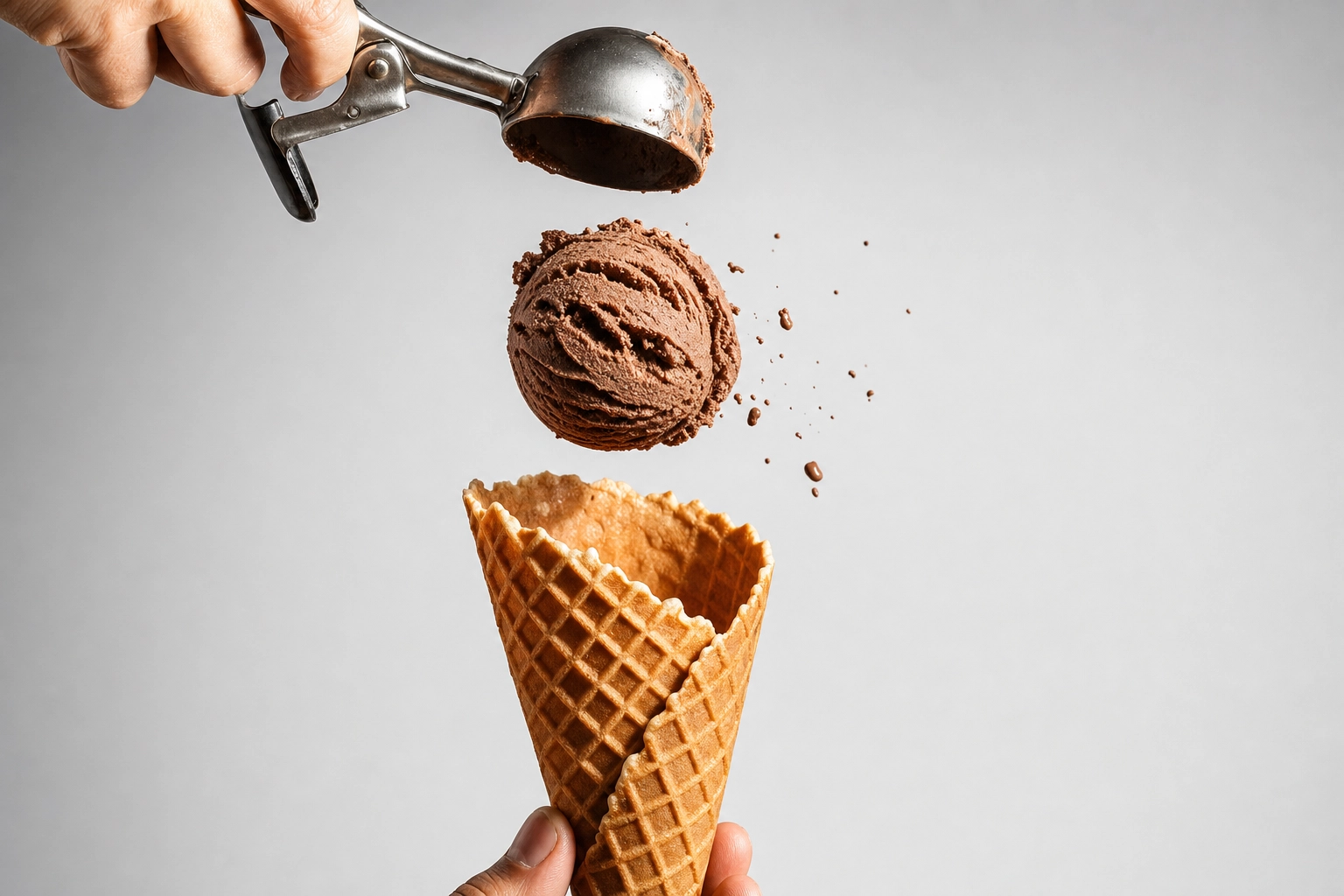 Chocolate ice cream scoop frozen mid-air falling toward waffle cone, action food photography motion shot