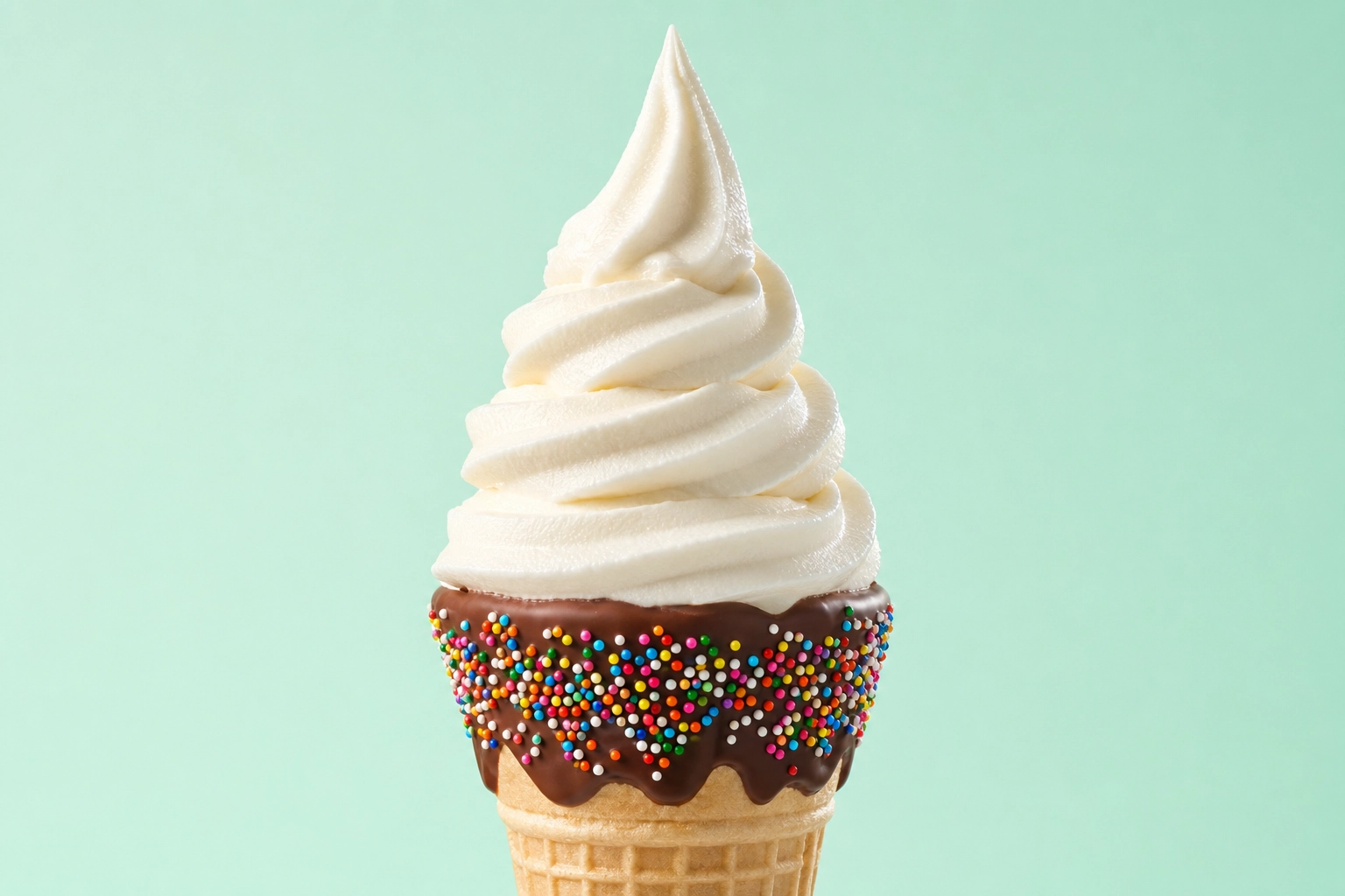 Vanilla soft-serve swirl with chocolate dip and rainbow sprinkles in sugar cone, retro ice cream parlor shot