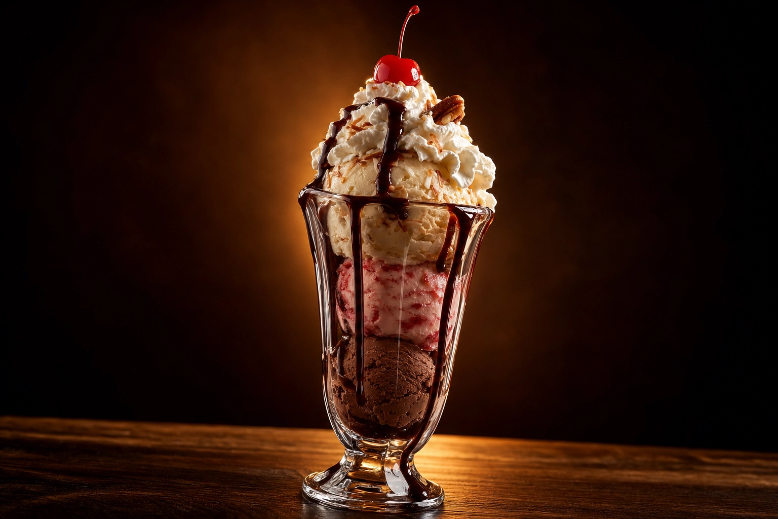 Tall sundae glass with three stacked scoops hot fudge cherry pecan and whipped cream, dramatic low angle ice cream photography
