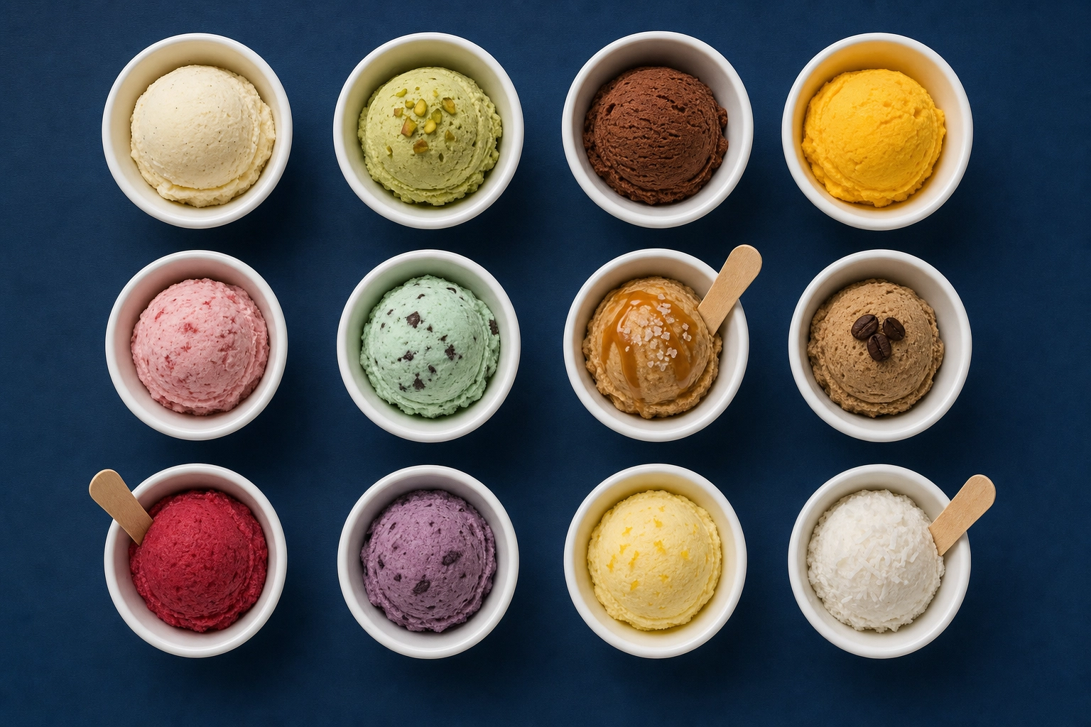 Overhead flat-lay of twelve ice cream flavors in white ramekins on navy background, multi-flavor menu workflow