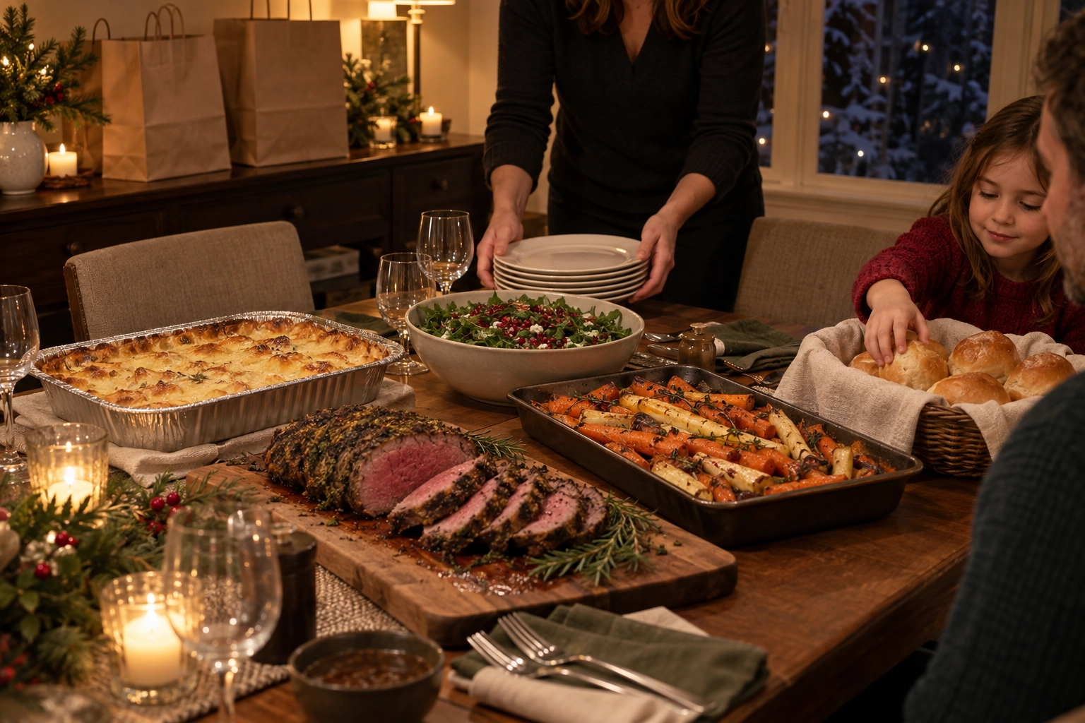 Christmas Eve restaurant takeout feast for six unpacked on a family dining table, a pre-ordered pickup that boosts holiday revenue