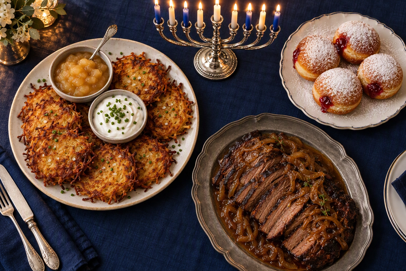 Overhead of restaurant Hanukkah specials: latkes with applesauce, brisket and sufganiyot beside a lit silver menorah