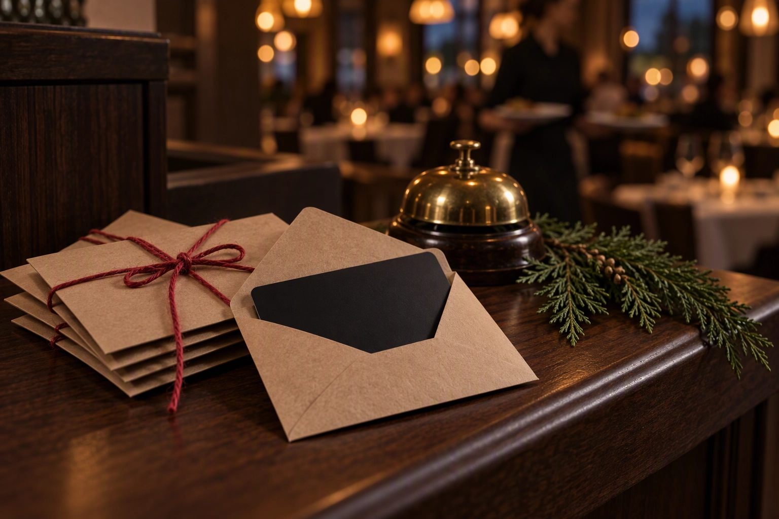 Kraft gift-card envelopes tied with red string on a restaurant host stand, a holiday gift card promotion before Black Friday