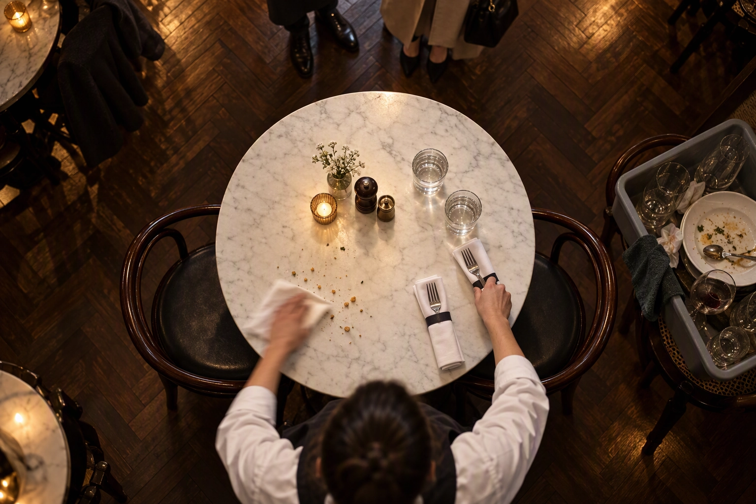 Overhead of a busser resetting a marble two-top during Saturday peak while the next party waits, a faster table turn