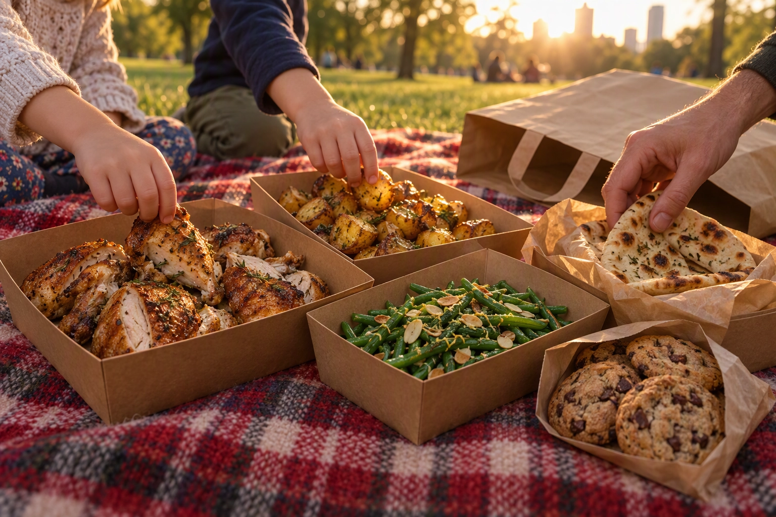 Family bundle for four from a restaurant opened on a park blanket: roast chicken, two sides, flatbreads and cookies