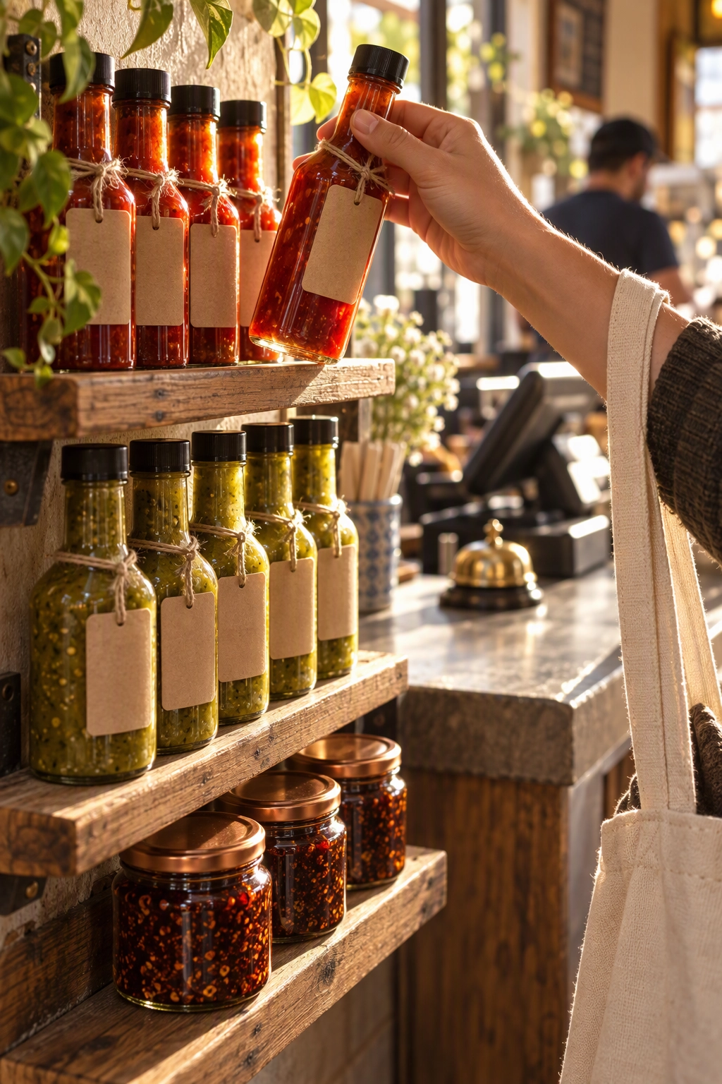 Customer taking a bottle of house hot sauce from a small retail shelf beside a restaurant register, a new revenue stream