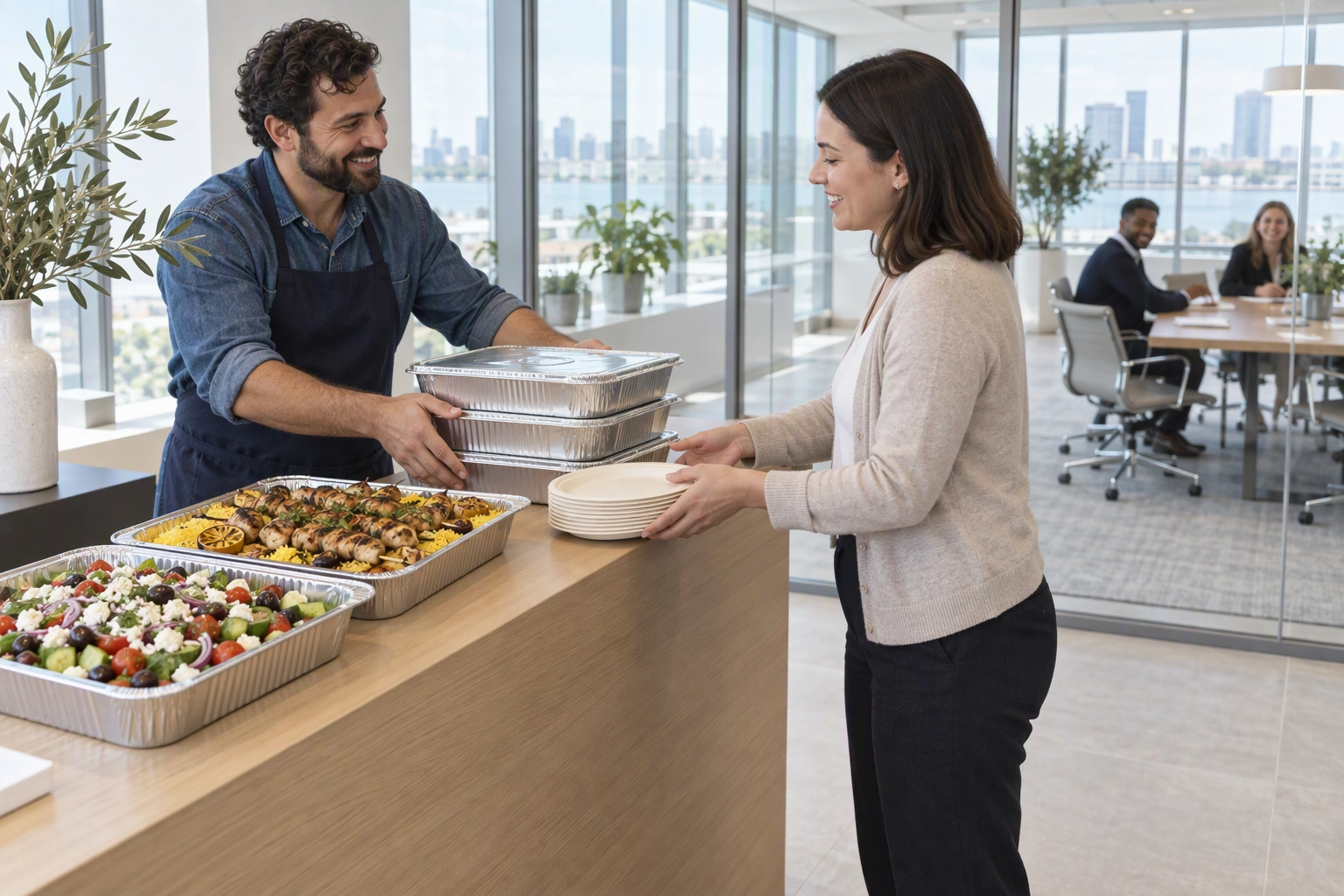 Restaurant owner handing office catering trays to an office manager at a reception desk, one order worth a dozen checks