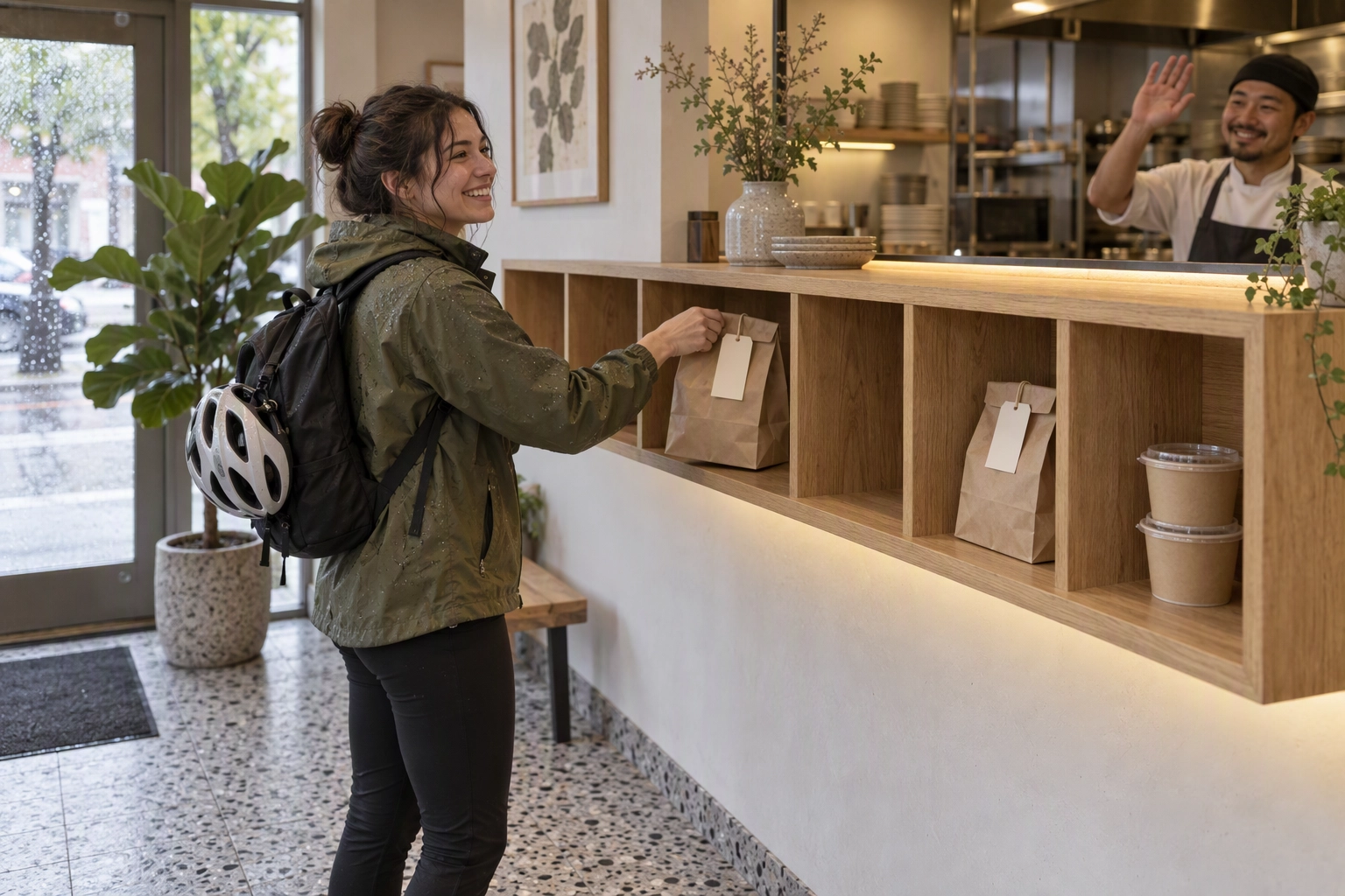 Regular customer collecting a direct online pickup order from an oak shelf by a restaurant door, keeping margin off the apps