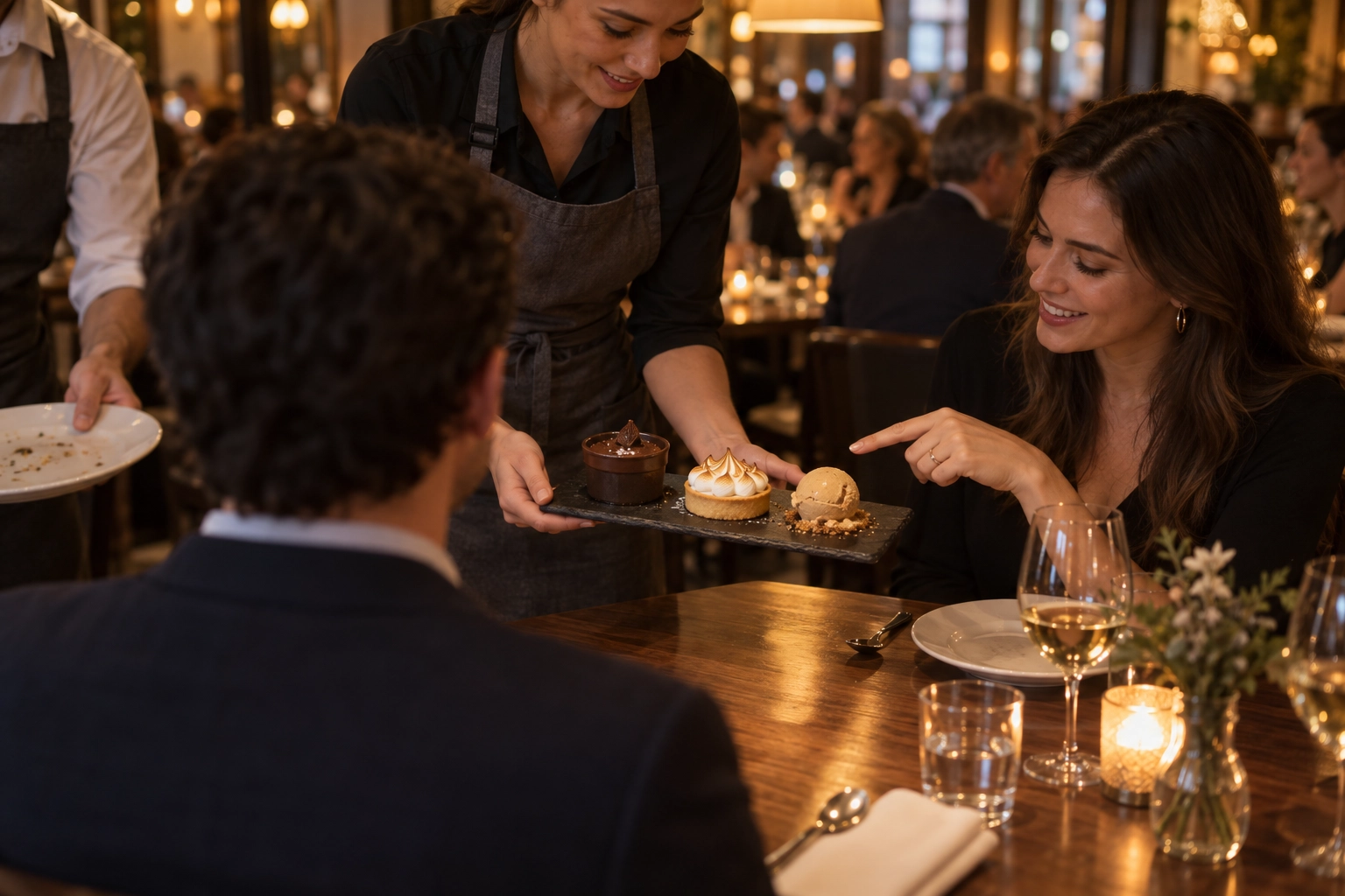 Server offering a dessert trio to two diners as dinner plates are cleared, a scripted upsell moment that lifts the check