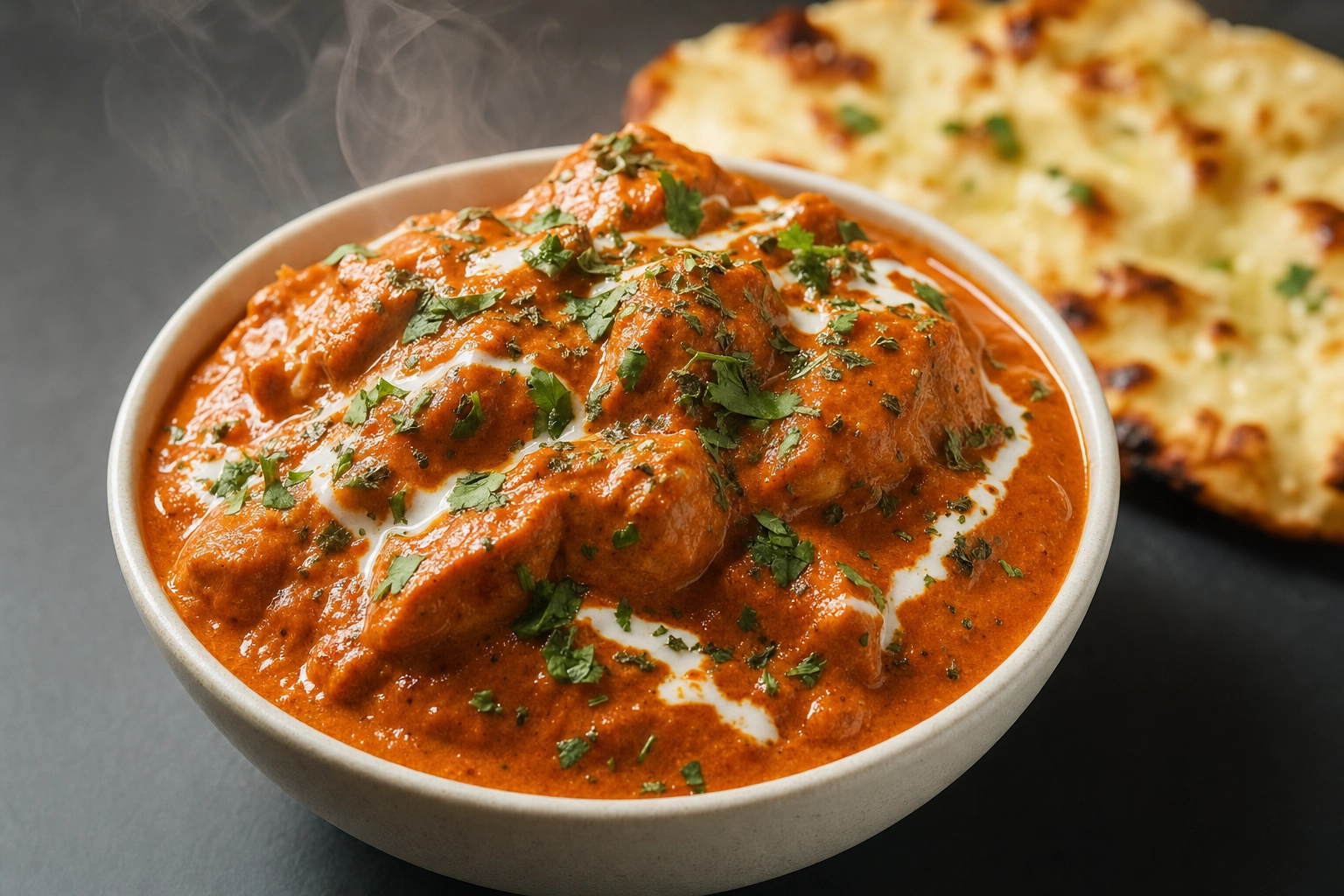 Bowl of creamy butter chicken garnished with a cream swirl and coriander, shot at a 45-degree angle with side light
