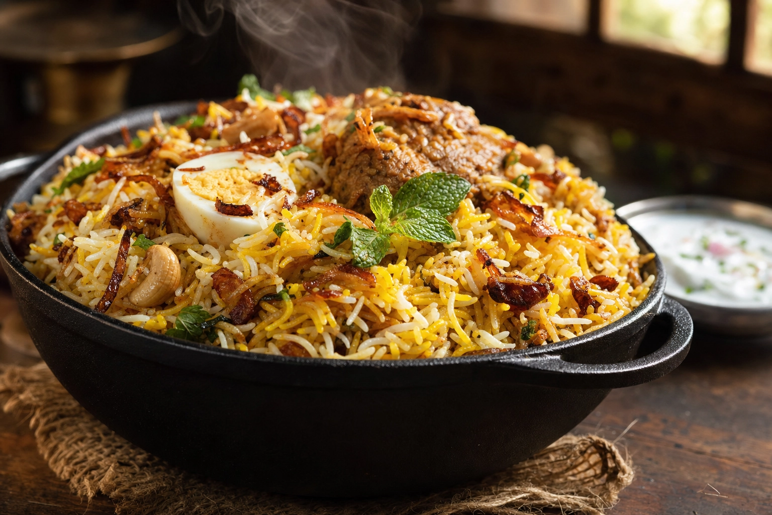 Low side-angle shot of chicken biryani in a handi showing layered rice, golden fried onions and a boiled egg