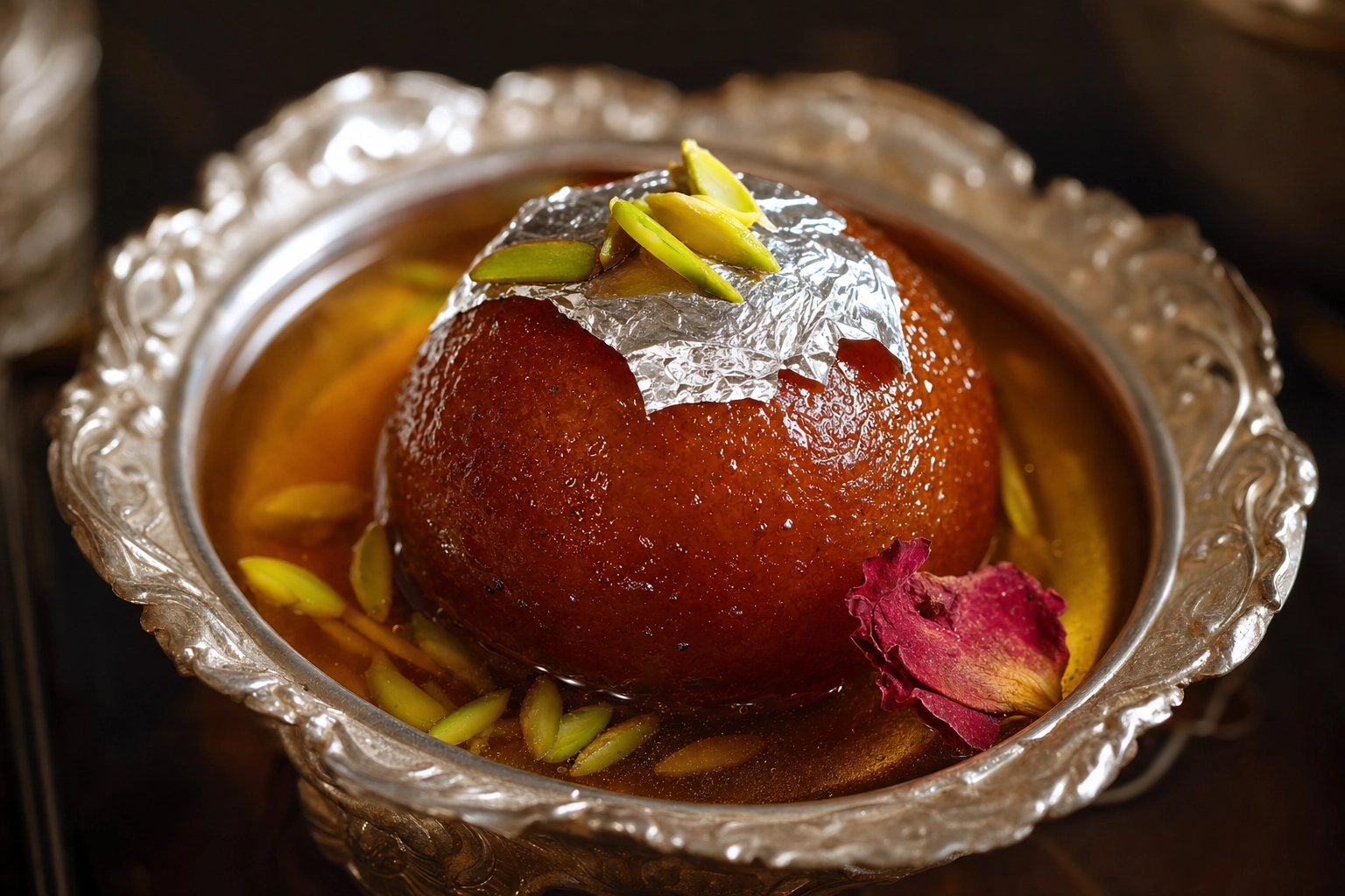 Close-up of glistening gulab jamun in saffron syrup topped with silver vark and pistachio, an Indian sweet
