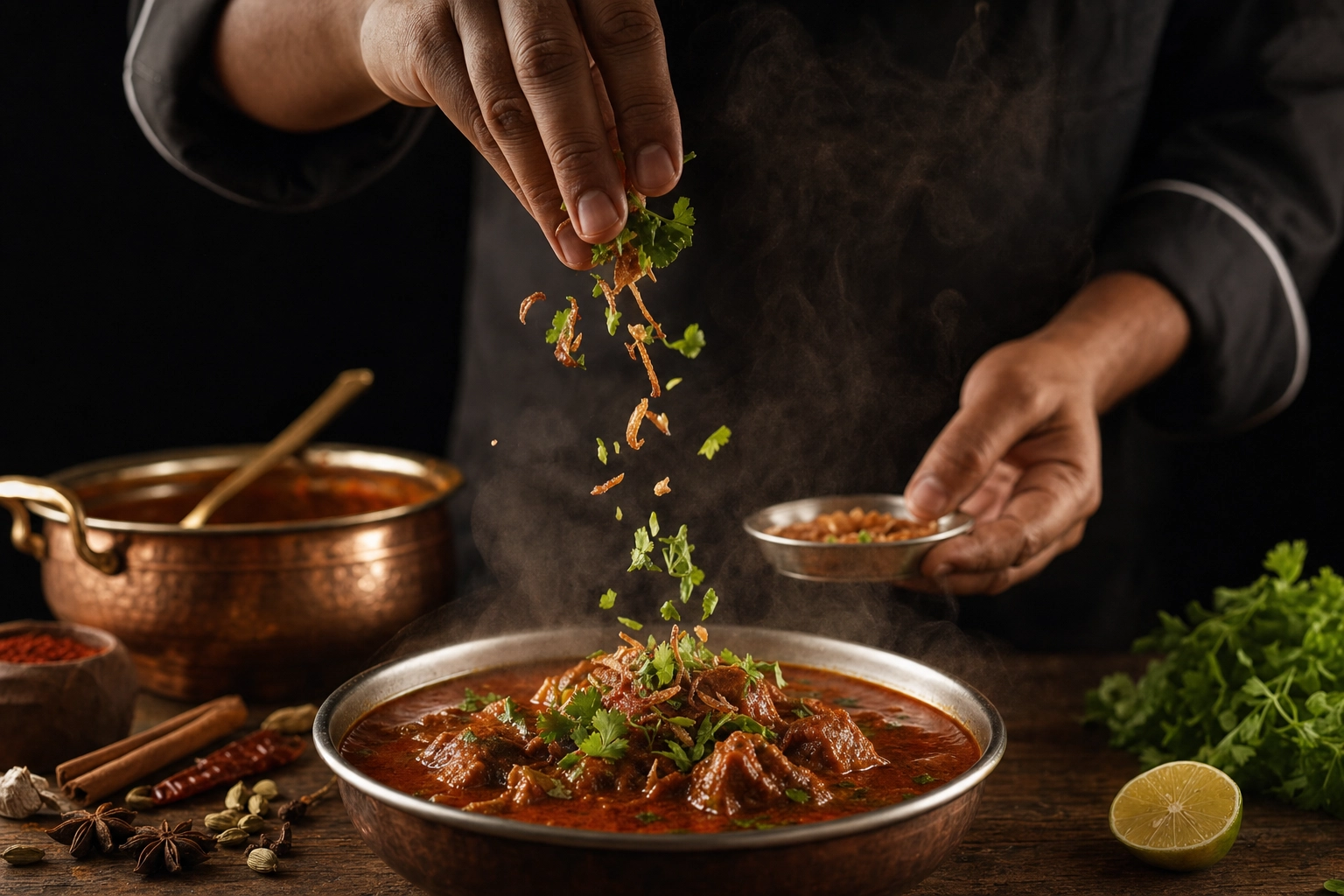A chef's hands sprinkling coriander and crispy fried onions over a steaming bowl of rich red Indian curry