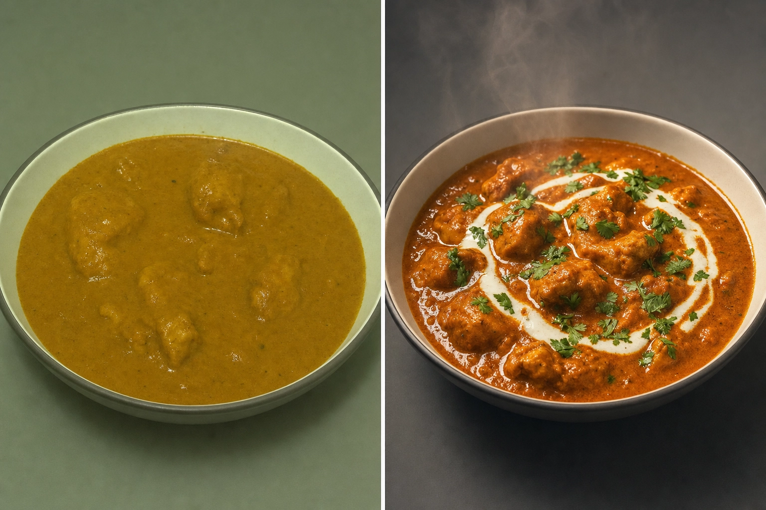 Before and after comparison of butter chicken: a dull flat phone photo versus a warmly lit, garnished, styled version