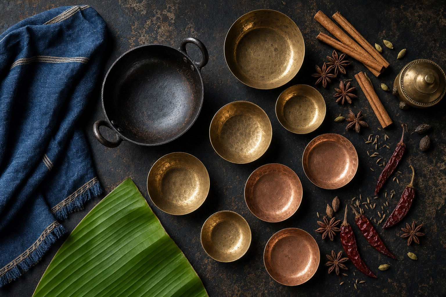 Overhead flat-lay of brass and copper katori bowls, a kadai, banana leaf and whole spices used as Indian food props