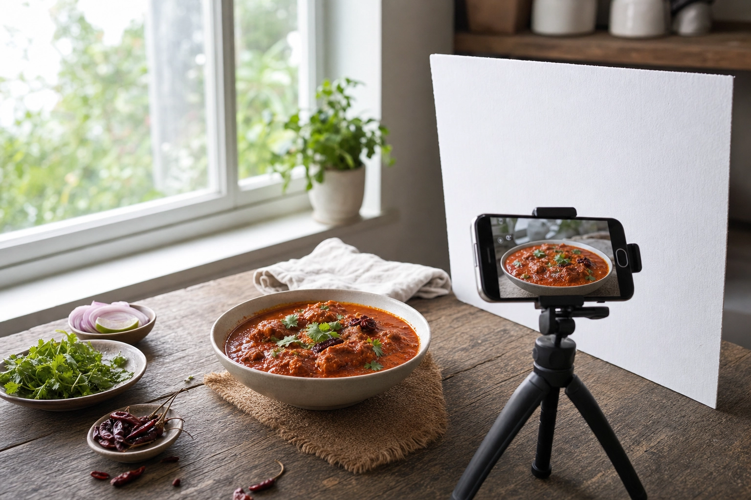 Food photography lighting setup with a curry bowl by a window, soft side light and a white reflector filling shadows