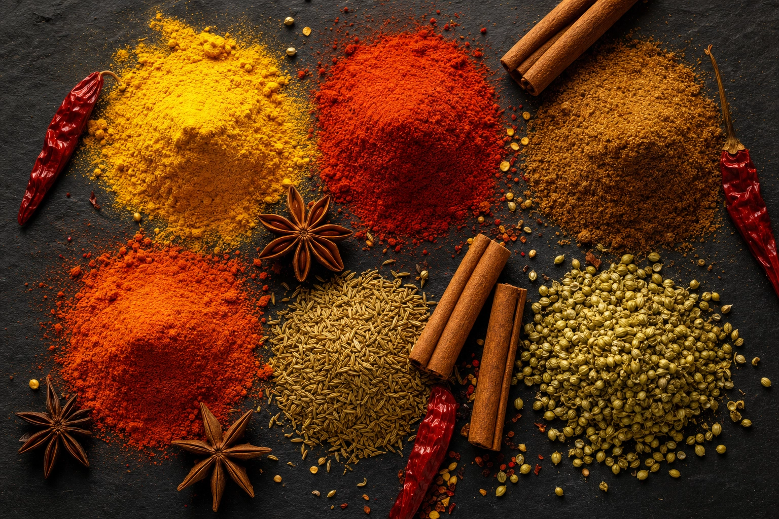 Overhead flat-lay of colorful Indian spices including turmeric, red chili powder, garam masala and cumin in mounds