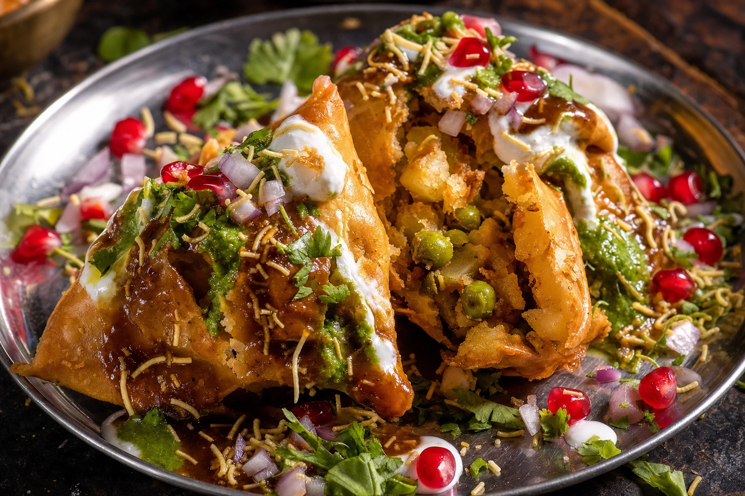 Close-up of crispy samosas with tamarind and mint chutney, yogurt, sev and pomegranate, an Indian street food chaat