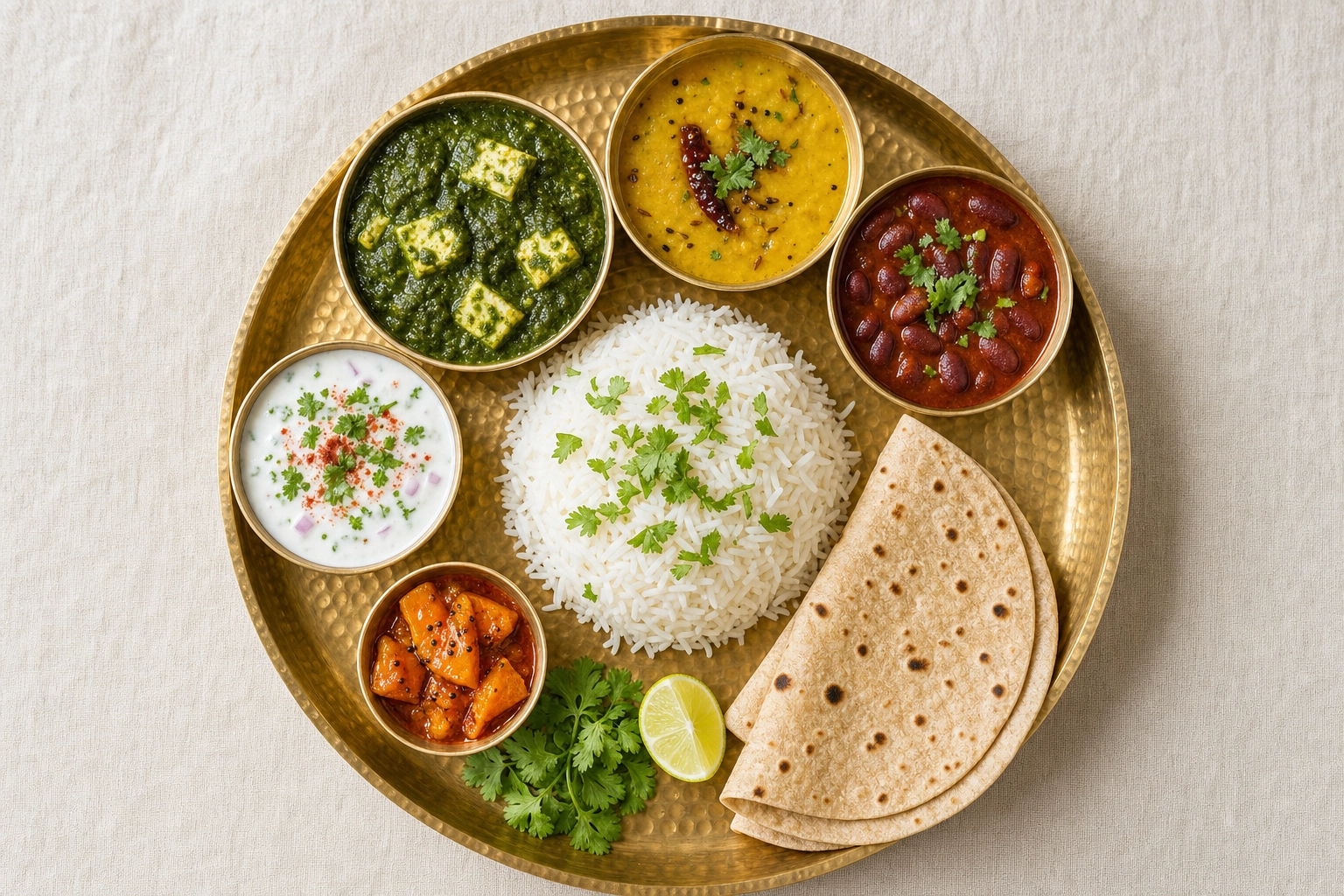 Overhead flat-lay of a traditional Indian thali on a brass platter with rice, dal, palak paneer, rajma and raita