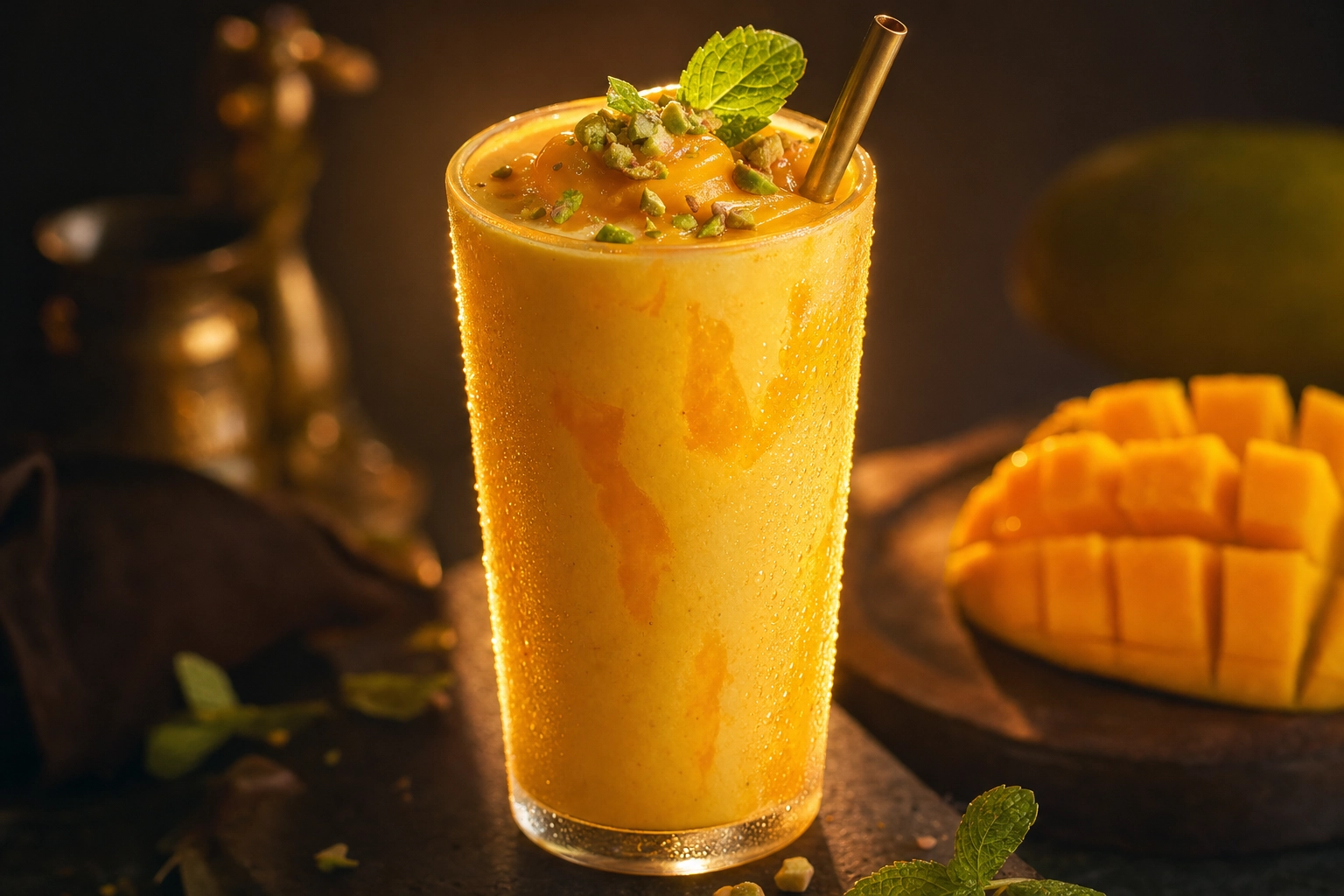 Backlit glass of mango lassi glowing amber with pistachio and mint, demonstrating the backlight technique