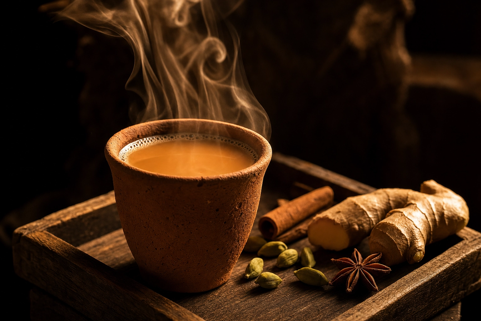 Backlit clay kulhad of steaming masala chai with cardamom, cinnamon and ginger on a wooden tray