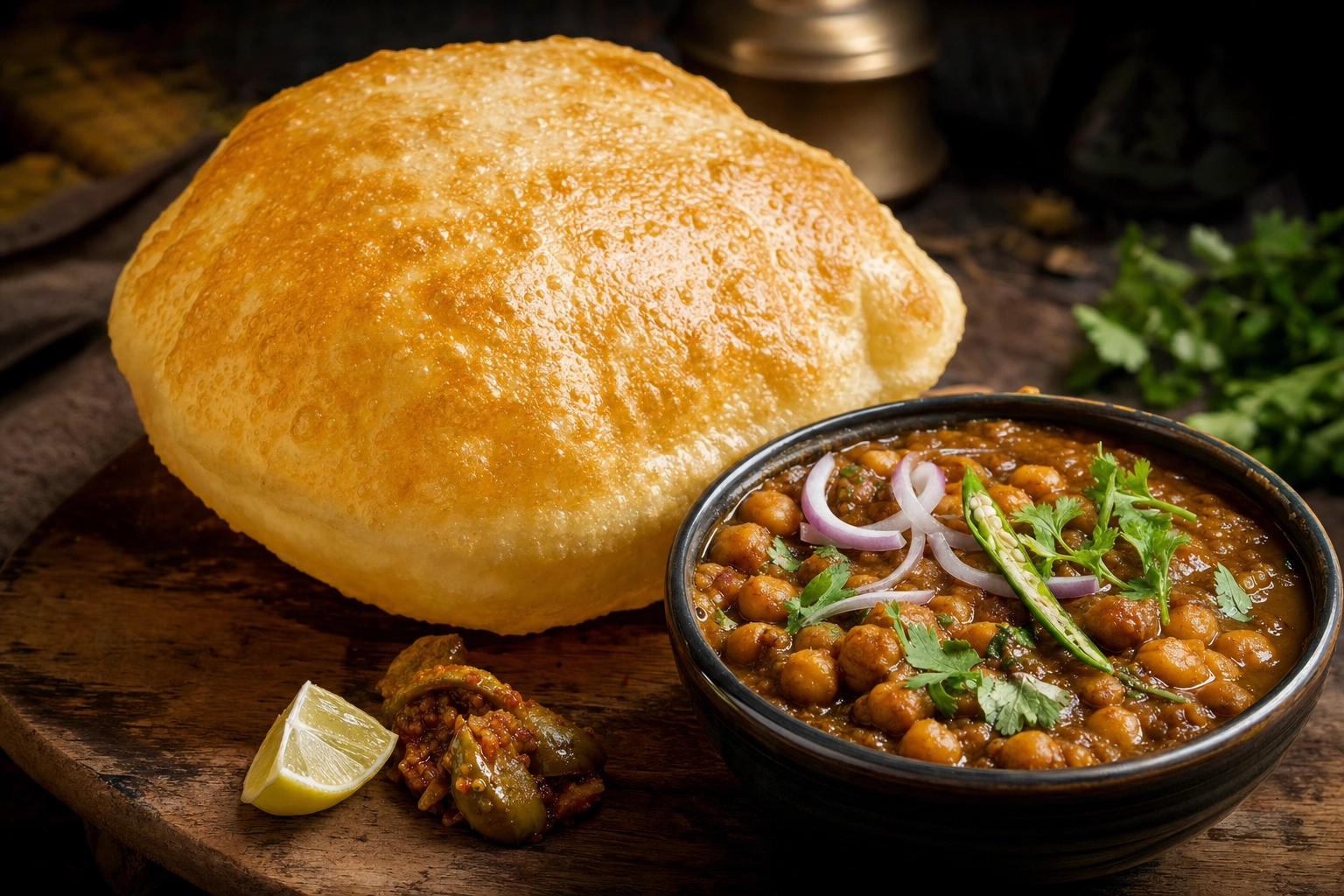 North Indian chole bhature with a puffed fried bhatura bread and a bowl of spiced chickpea chole