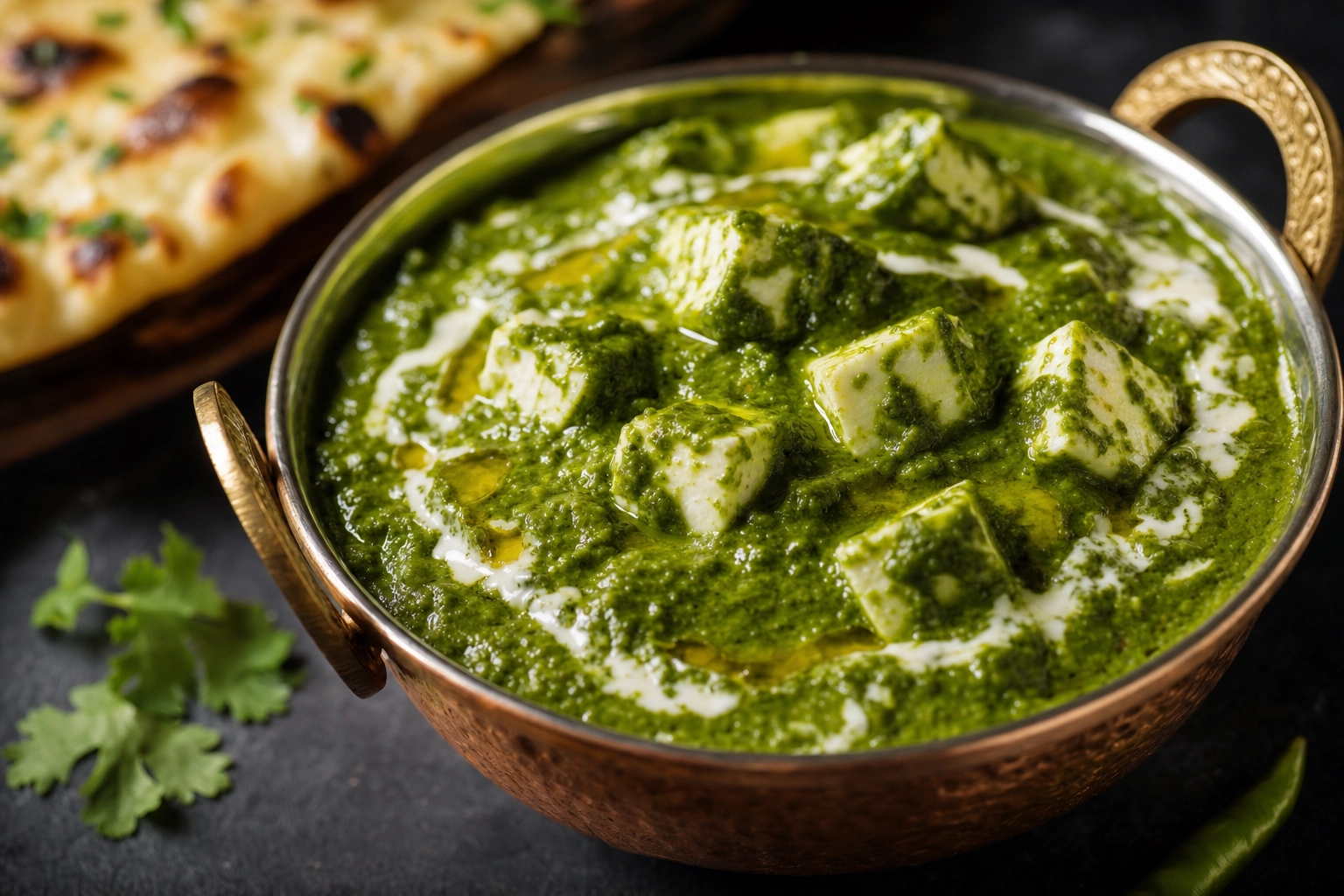 Close-up of green palak paneer with white paneer cubes, a cream swirl and naan, showing strong color contrast