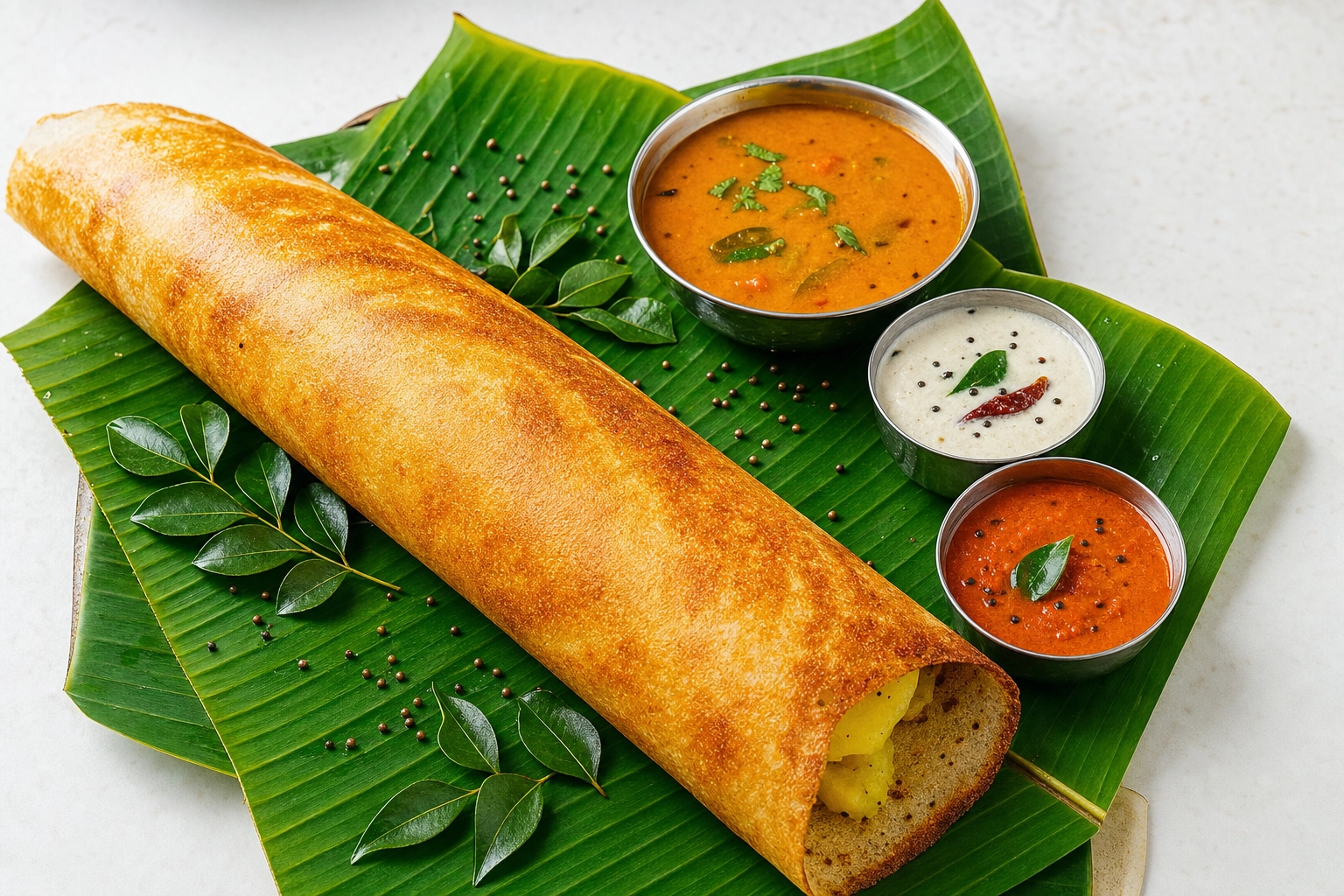 Crispy golden masala dosa on a banana leaf with sambar and coconut chutney, a traditional South Indian dish