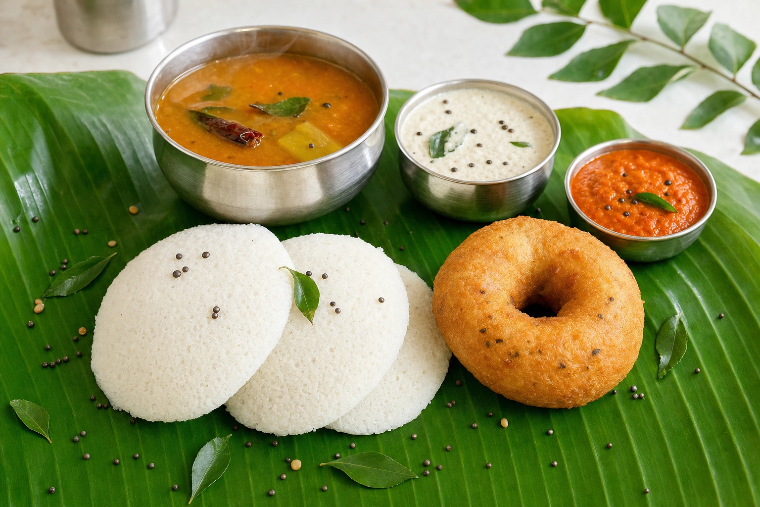 South Indian breakfast of white idli and golden vada with sambar and coconut chutney on a banana leaf
