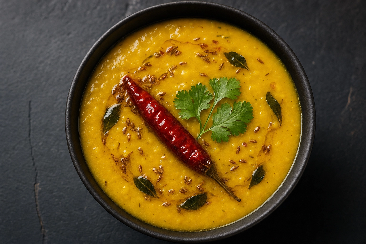 Close-up of yellow tadka dal garnished with a red chili and green coriander showing high color contrast