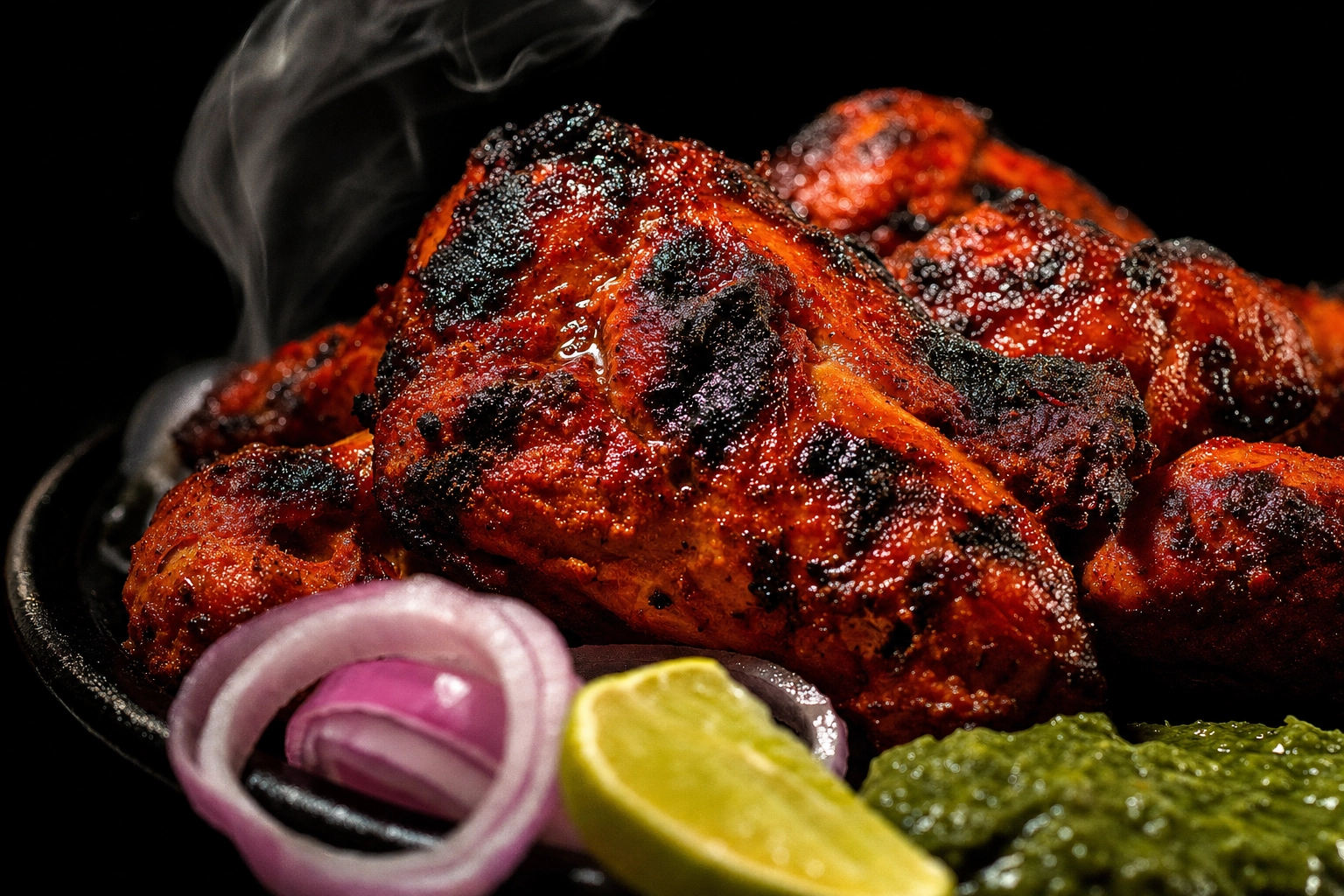 Macro close-up of charred tandoori chicken with oil sheen, char marks, onion rings, lime and green chutney