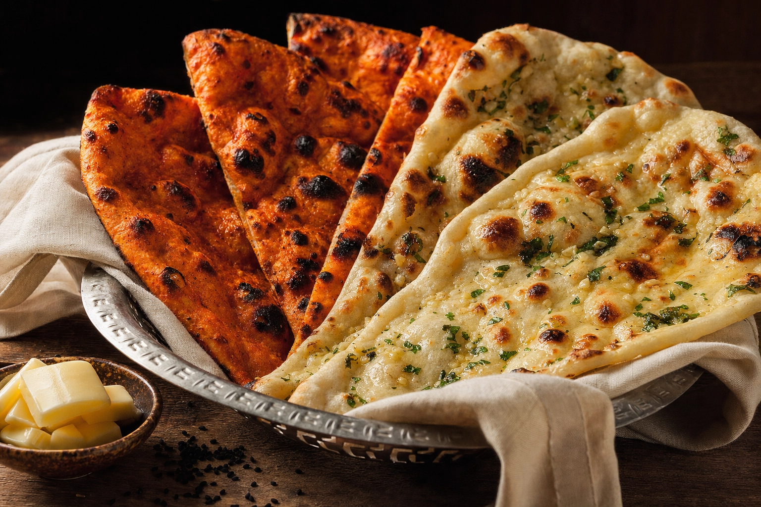Stack of charred tandoori and garlic naan brushed with butter and coriander in a cloth-lined basket