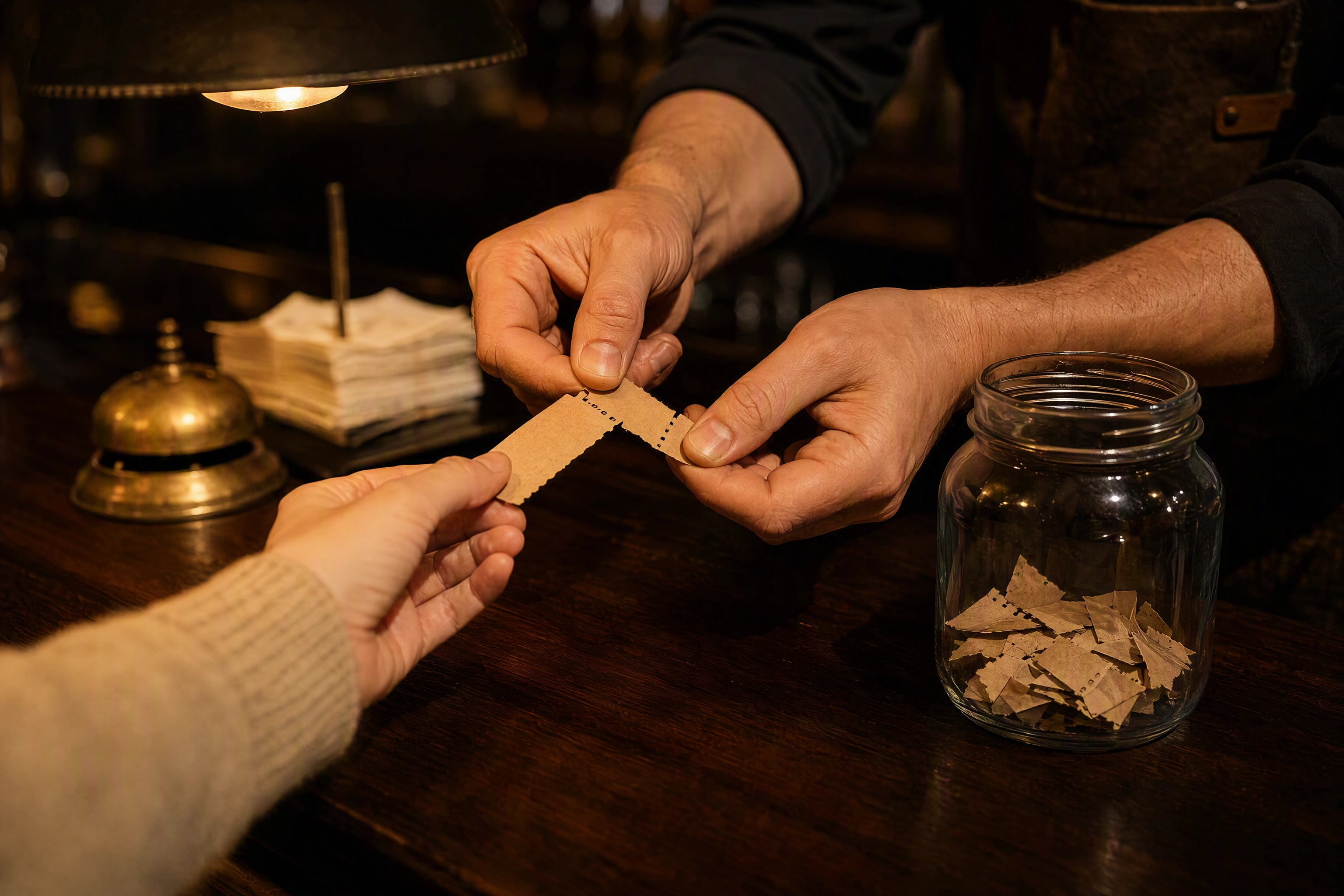 Bartender tearing a paper voucher stub beside a jar of collected stubs, till-side tracking for Instagram ads for restaurants