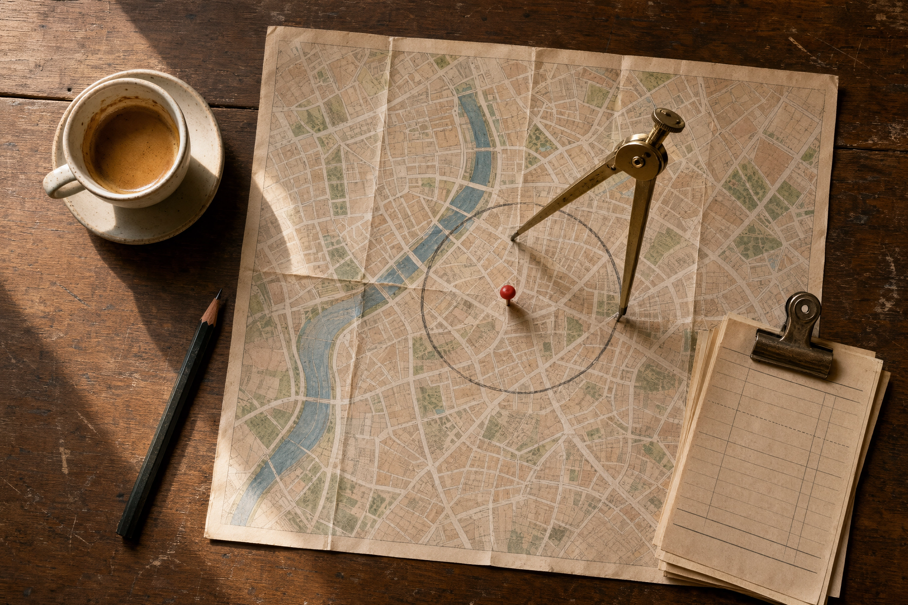 Paper street map with a pin and a compass drawing a radius circle, radius targeting for Instagram ads for restaurants