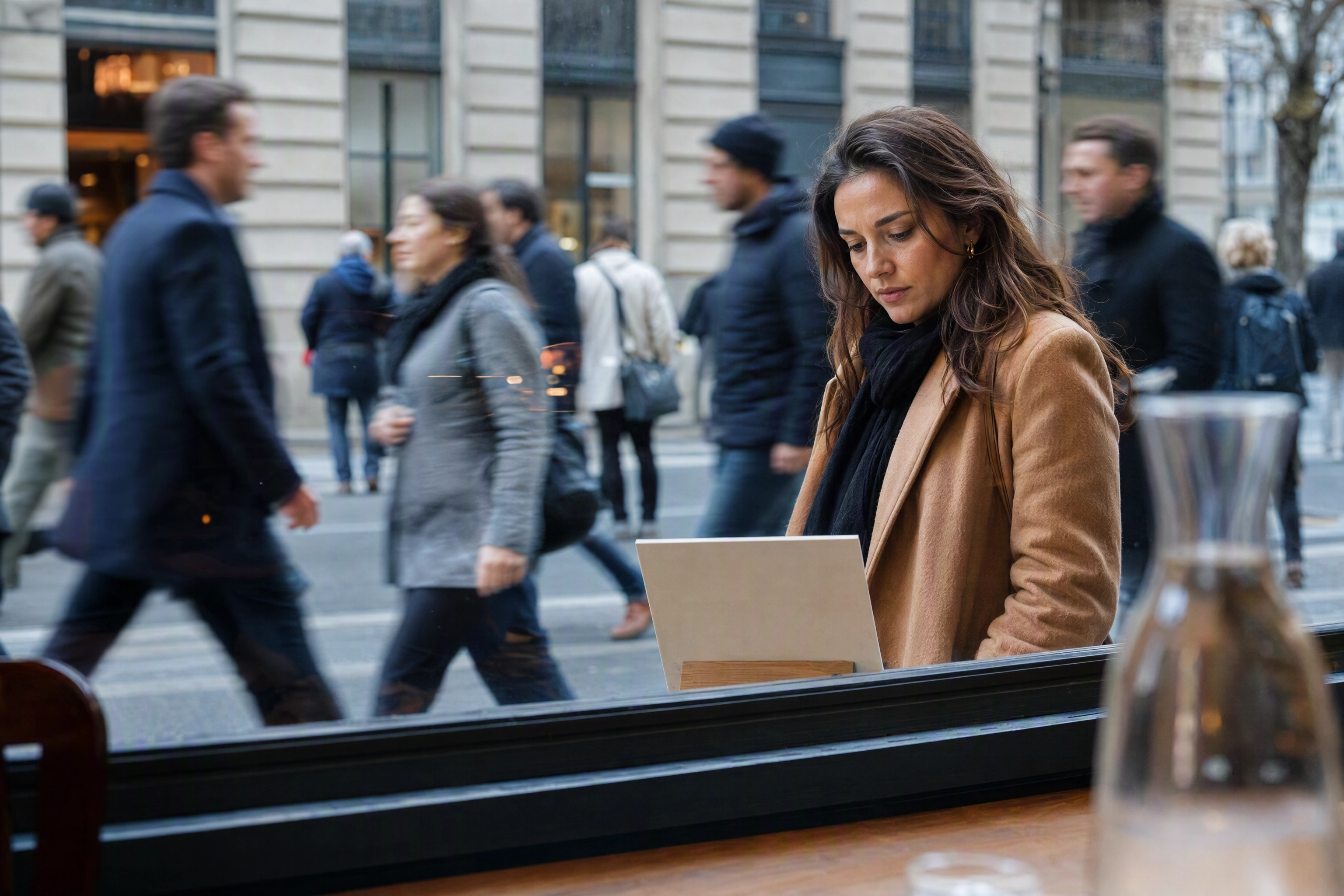 Lunchtime crowd passing a restaurant window while one person stops to look, impressions versus clicks for restaurant ads
