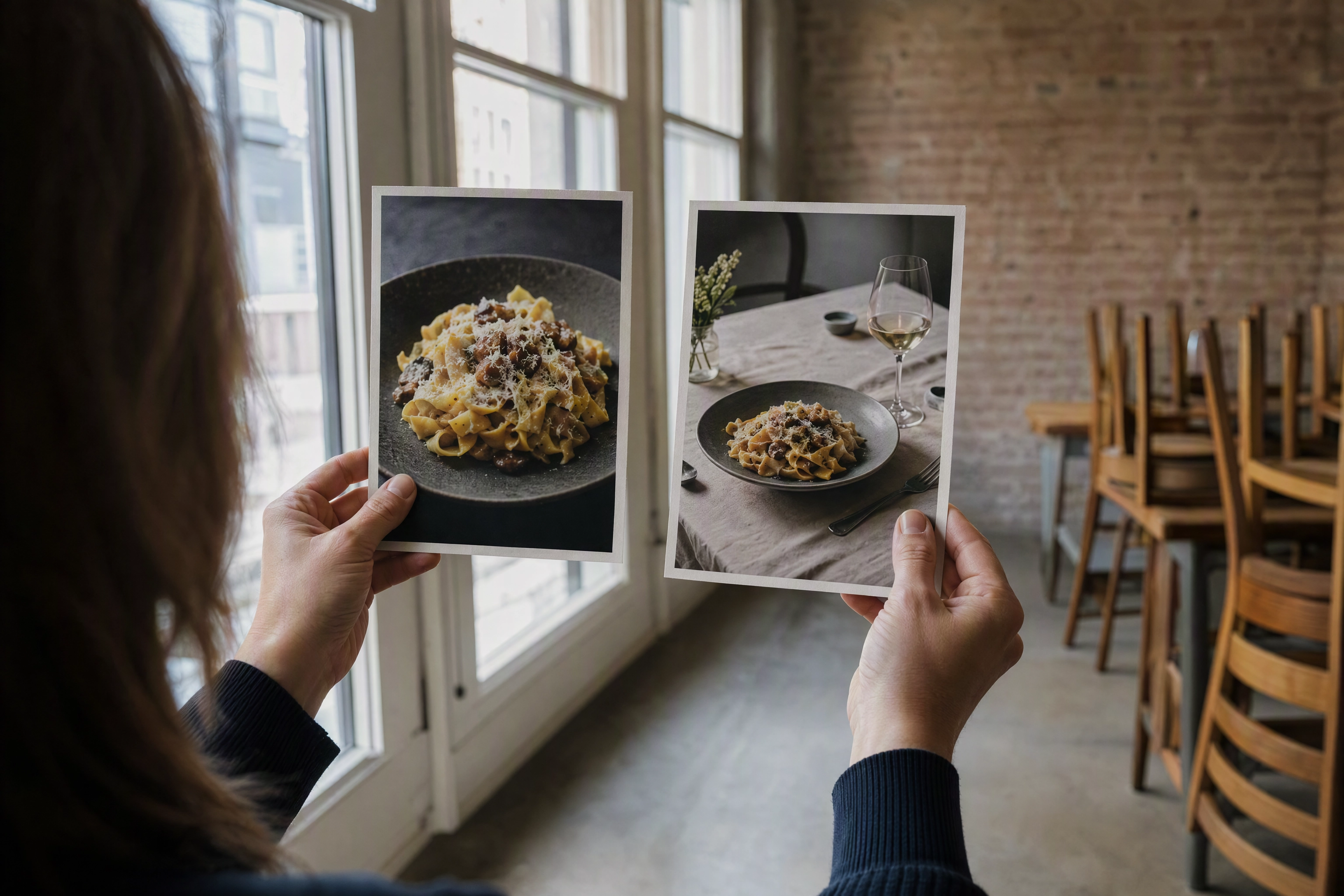 Two hands comparing two printed 4:5 photos of the same dish against a window, static image testing for restaurant ads